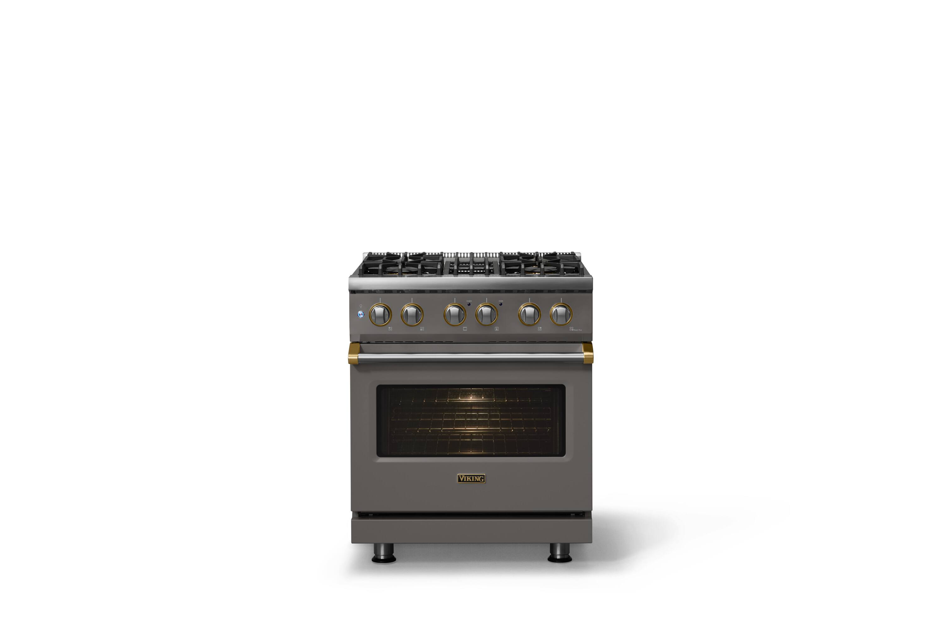 Alt View 1. Viking - 30 in. Wide 4 Burner Pro 5 Series 4.7 Cu. Ft. Freestanding Sealed DF Convection Range with Brushed Brass Trim - Damascus Gray.