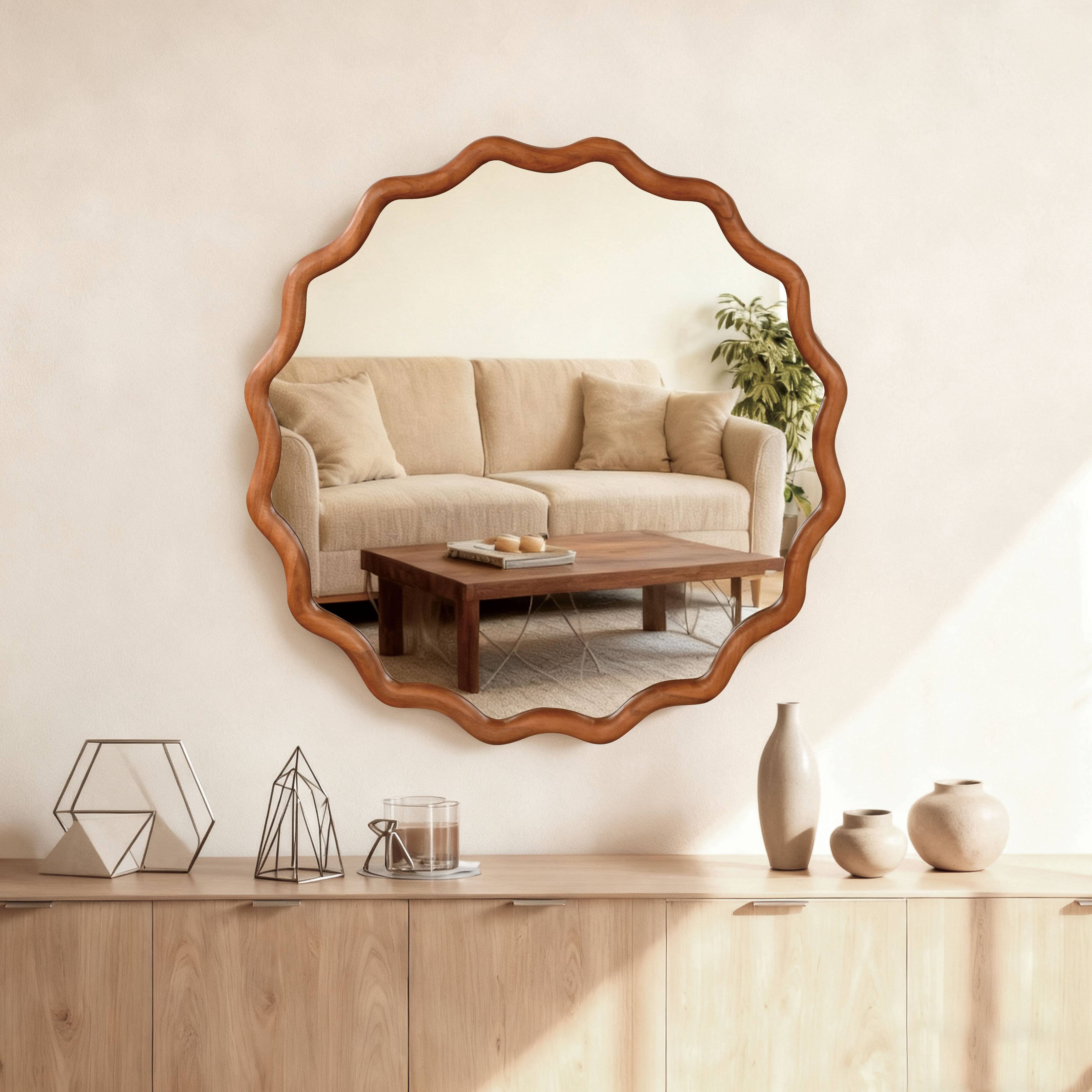 Angle. Z-Edge - Round Wavy Wall Mirror, 30" Circle Boho Scalloped Mirror for Bedroom, Bathroom, Living Room, Entryway - Brown.