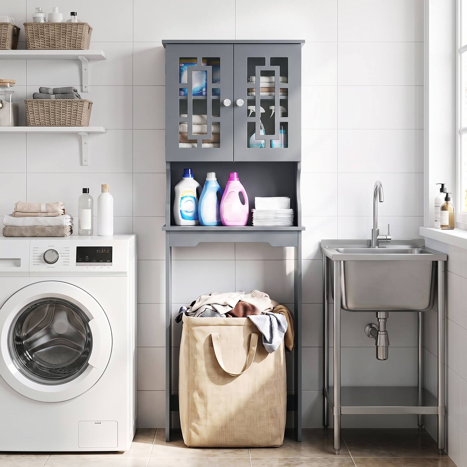Alt View 3. Costway - Costway Over the Toilet Storage Bathroom Spacesaver Cabinet Tower Organizer Shelf & Doors - Gray.