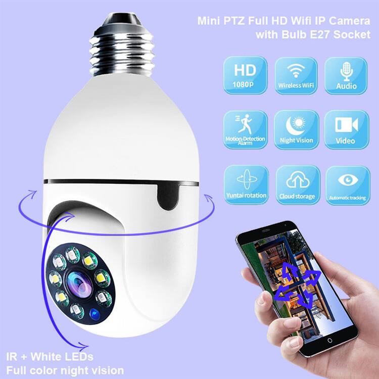 Mini PTZ Full HD Wifi IP Camera with Bulb E27 Socket

- HD 1080P
- Wireless WiFi
- Audio
- Motion Detection Alarm
- Night Vision
- Video
- Yuntai rotation
- Cloud storage
- Automatic tracking
- IR + White LEDs
- Full color night vision