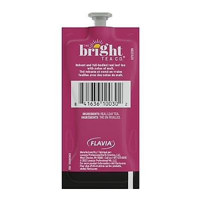 **The Bright Tea Co.**

Robust and full-bodied real leaf tea with notes of malt.  
Thé robuste et corsé en vraies feuilles avec des notes de malt.

**Ingredients: Real Leaf Tea**  
**Ingrédients: Thé en Feuilles**

**FLAVIA**  
Made by Lavazza  
Lavazza S.p.A.  
For use with Flavia machines

**Barcode:** 41636 10030 2

**Net Weight:** 100g (3.53 oz)