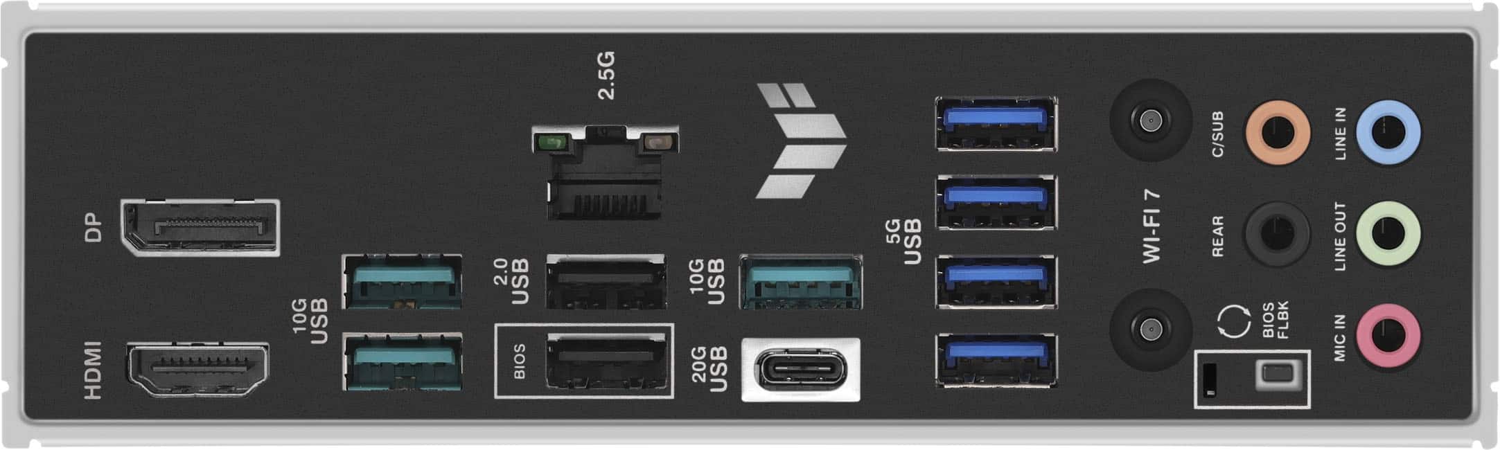 DP, HDMI, 10G USB 2.0, USB 2.0, USB 3.0, 2.5G, 10G USB 2.0, 20G USB 3.0, 5G USB, 7 WI-FI, C/SUB REAR C, BIOS, FLBK IN LINE OUT, LINE IN, MIC.
