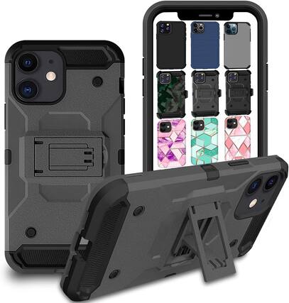Front. DuraSafe Cases - iPhone 12/iPhone 12 PRO - 6.1" 3-Layer Rugged Armor Phone Case with Kickstand - Dark Gray (Without Holster).