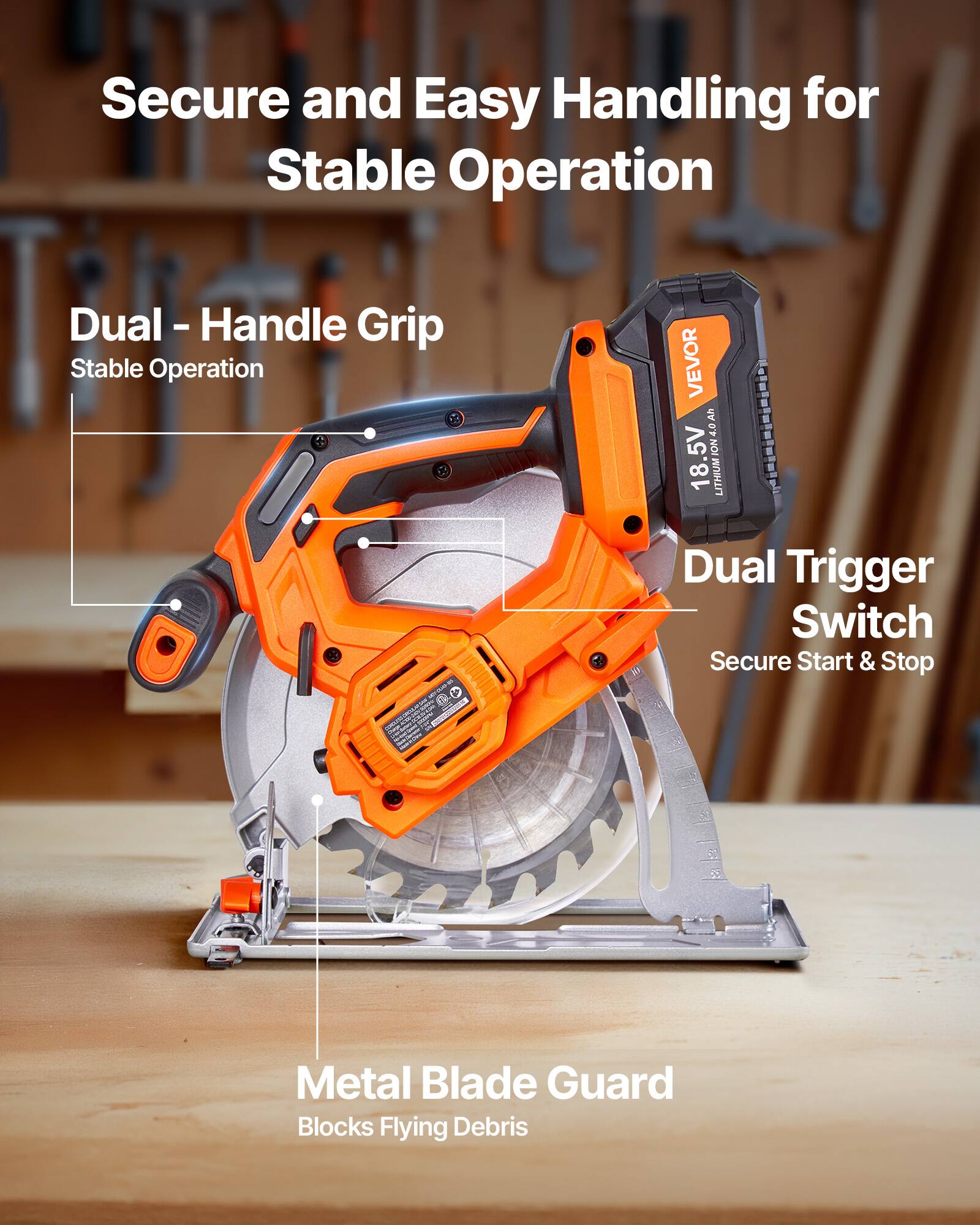 Secure and Easy Handling for Stable Operation

- Dual - Handle Grip
  Stable Operation

- Dual Trigger Switch
  Secure Start & Stop

- Metal Blade Guard
  Blocks Flying Debris