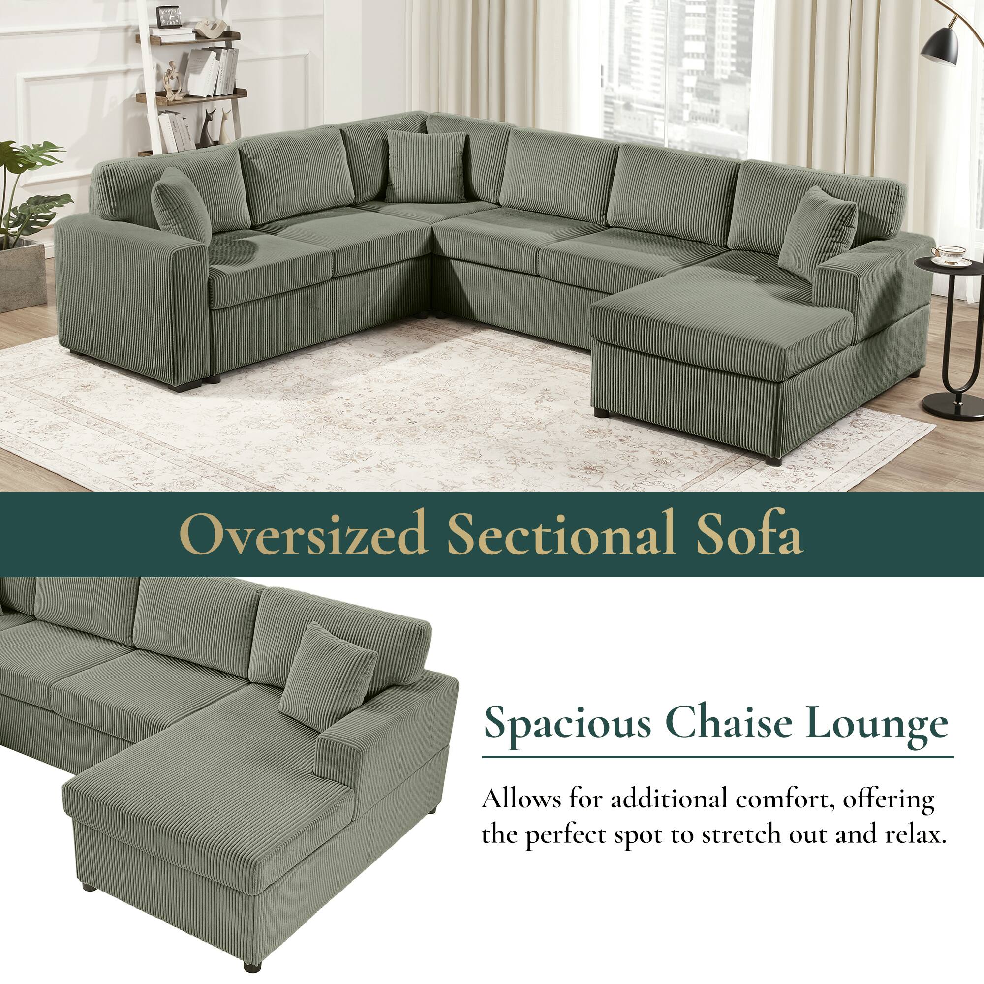 Oversized Sectional Sofa Spacious Chaise Lounge

Allows for additional comfort, offering the perfect spot to stretch out and relax.