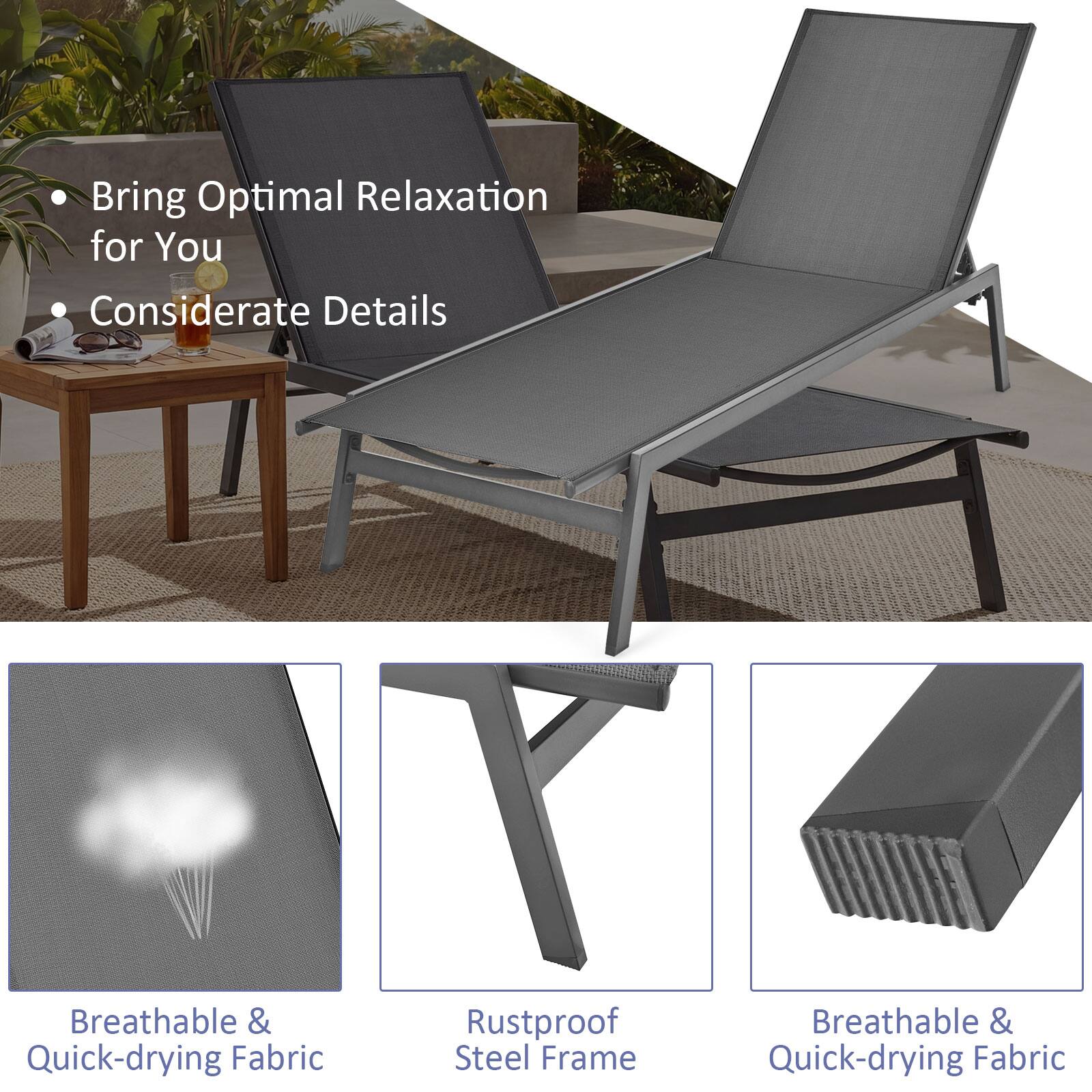 - Bring Optimal Relaxation for You
- Considerate Details

- Breathable & Quick-drying Fabric
- Rustproof Steel Frame
- Breathable & Quick-drying Fabric