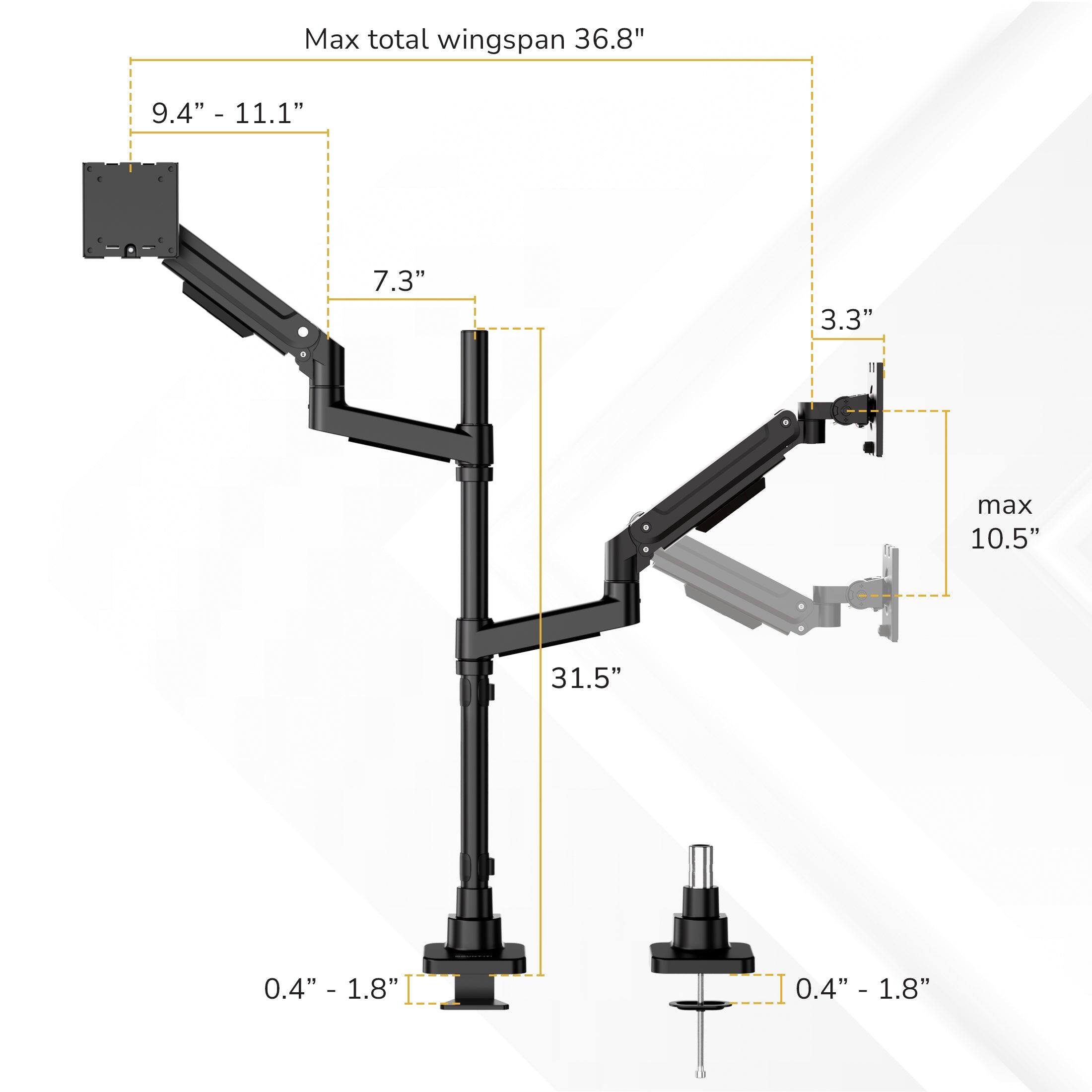 Max total wingspan 36.8"  
9.4" - 11.1"  
7.3"  
3.3"  
max 10.5"  
31.5"  
0.4" - 1.8"  
0.4" - 1.8"