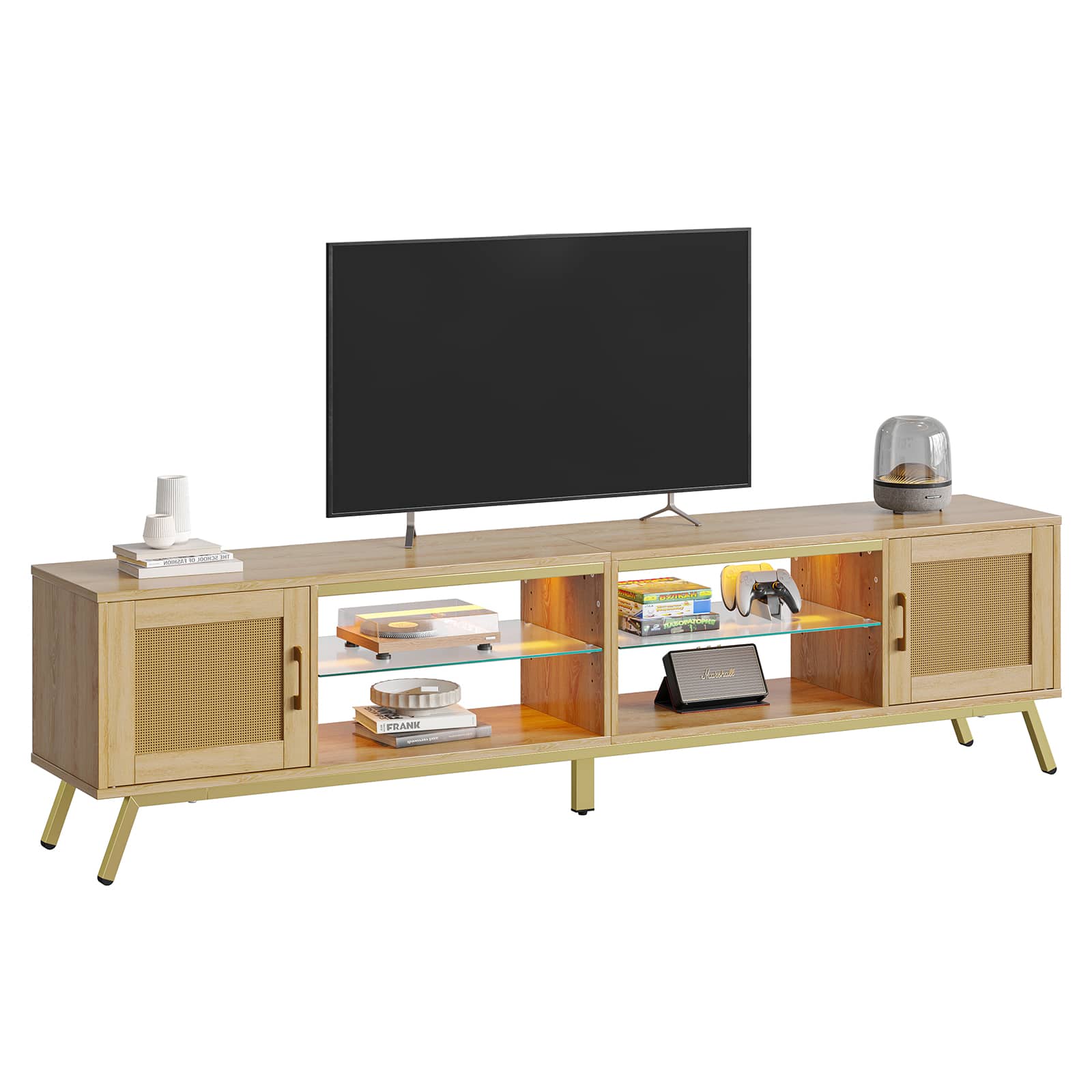 The image features a wooden entertainment center with a flat screen TV on top. The TV is placed on a stand, and there are several books and remotes on the shelves below it. The entertainment center is designed to hold a variety of items, including the TV, books, and remotes, making it a functional and stylish addition to any living space.