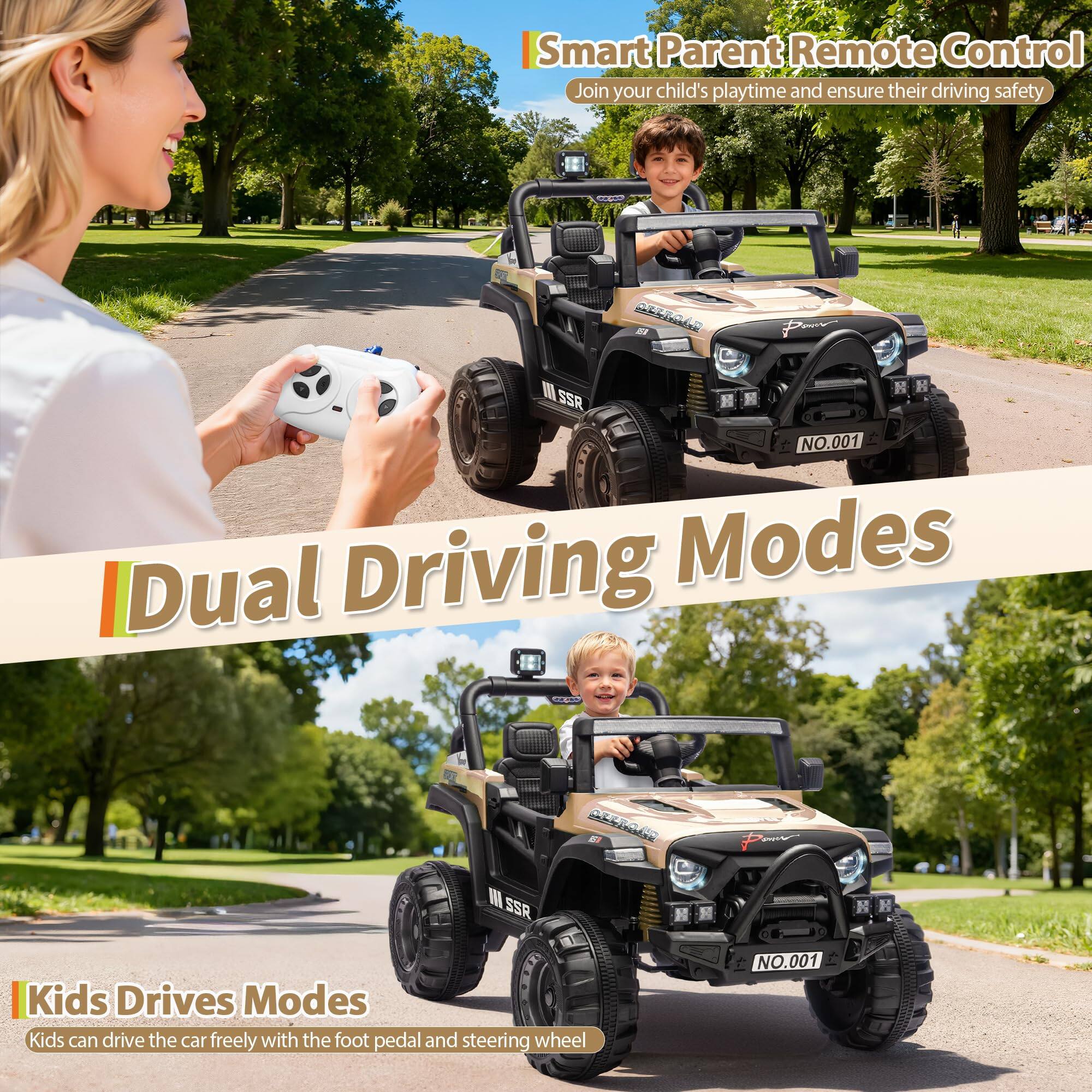 Smart Parent Remote Control  
Join your child's playtime and ensure their driving safety  

Dual Driving Modes  

Kids Drives Modes  
Kids can drive the car freely with the foot pedal and steering wheel