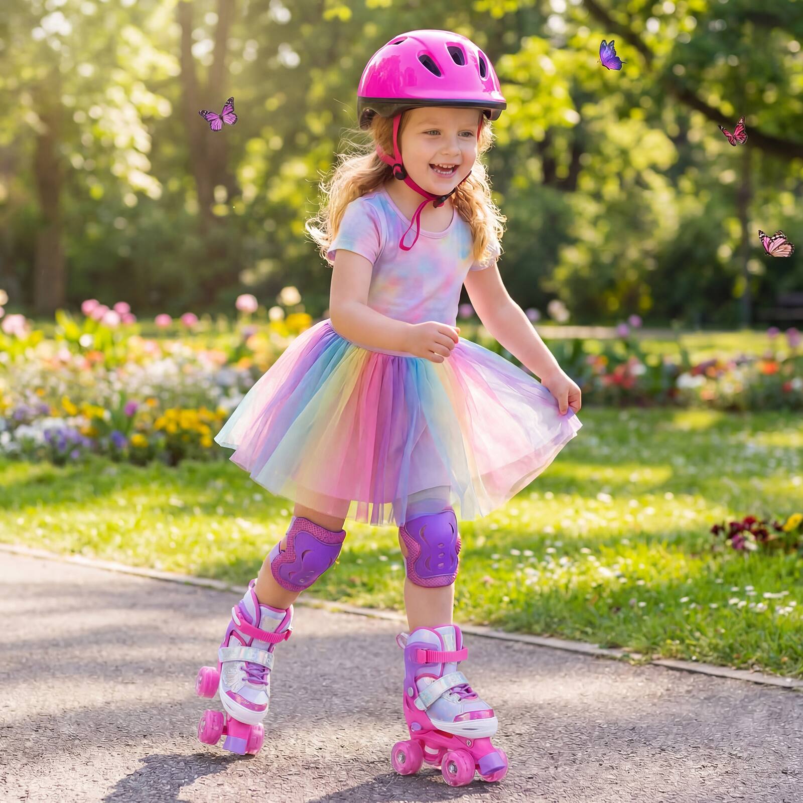 Alt View 3. Costway - Costway Kids Roller Skates 4 Sizes Adjustable Quad Skates with Light-up Wheels for Ages 5-7 - Pink.