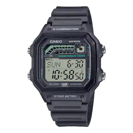 ILLUMINATOR
CASIO WR100M
ADJUST SEC COUNTDOWN TIMER
LIGHT
MODE
START
ALARM
WR CHRONO
10 YEAR BATTERY
WR100M
LIGHT
6-30
10:58:50