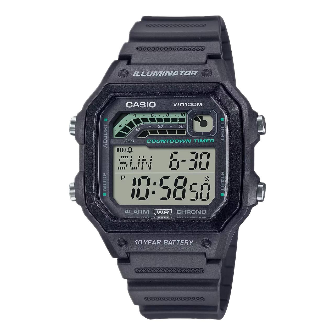 ILLUMINATOR  
CASIO WR100M  
ADJUST SEC COUNTDOWN TIMER  
LIGHT  
MODE  
START  
ALARM  
WR CHRONO  
10 YEAR BATTERY  
WR100M  
LIGHT  
6-30  
10:58:50