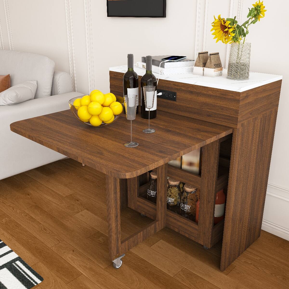 Loheer 74 inch Expandable Dining Table with Power Socket, Walnut ...