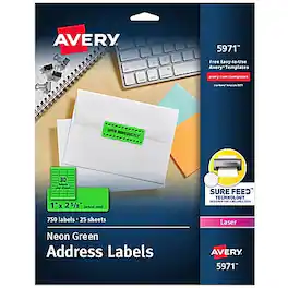 Avery - Sure Feed Laser Address Labels, 1" x 2 5/8", Neon 750 Labels/Pack - Green