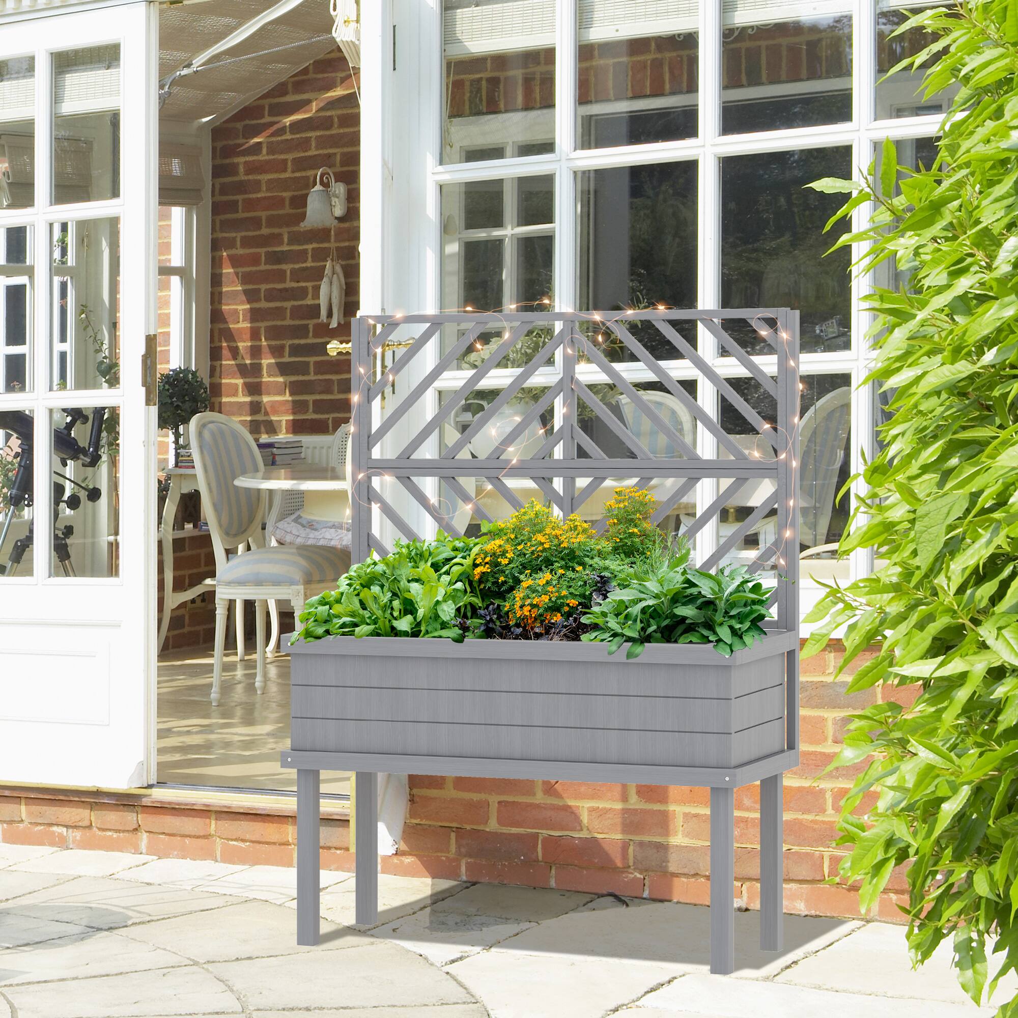Alt View 7. Outsunny - Raised Garden Bed with Trellis for Climbing Plants, Vegetable, Grape Vines, Elevated Planter Box with Legs - Gray.