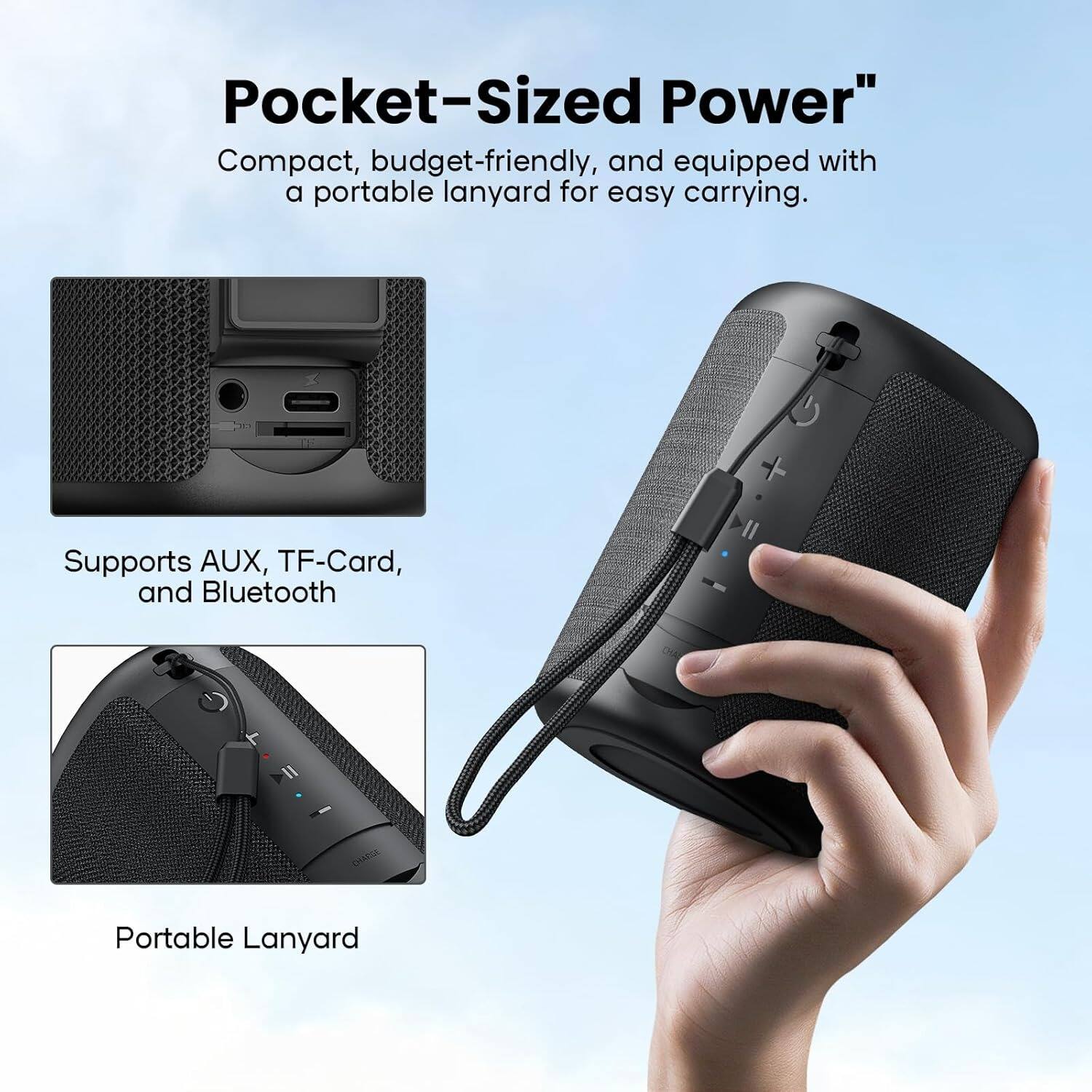 Pocket-Sized Power" Compact, budget-friendly, and equipped with a portable lanyard for easy carrying. Supports AUX, TF-Card, and Bluetooth. Portable Lanyard