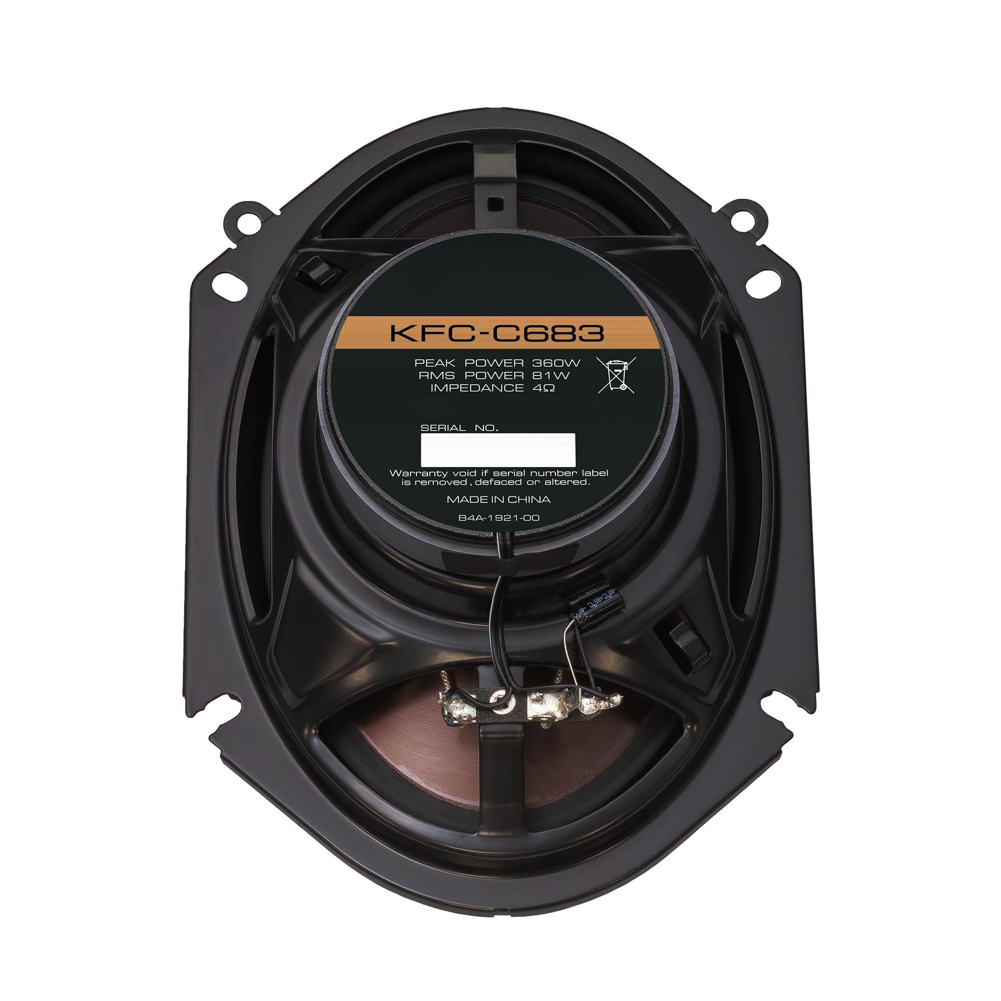 KFC-C683  
PEAK POWER 360W  
RMS POWER 180W  
IMPEDANCE 4Ω  
SERIAL NO.  
Warranty void if serial number label is removed, defaced, D altered  
MADE IN CHINA  
EA 0441921-00