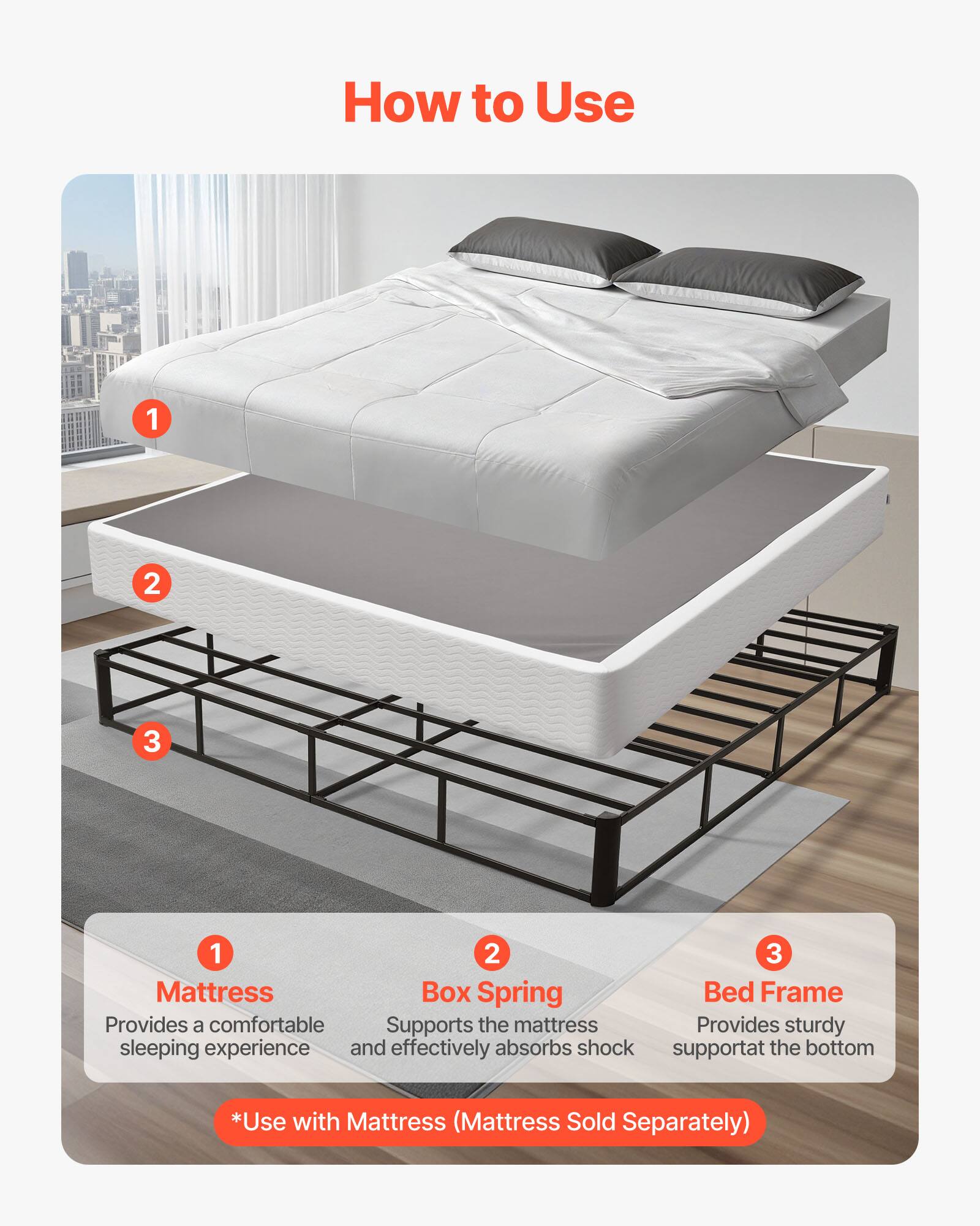 How to Use

1. Mattress
   - Provides a comfortable sleeping experience

2. Box Spring
   - Supports the mattress and effectively absorbs shock

3. Bed Frame
   - Provides sturdy support at the bottom

*Use with Mattress (Mattress Sold Separately)