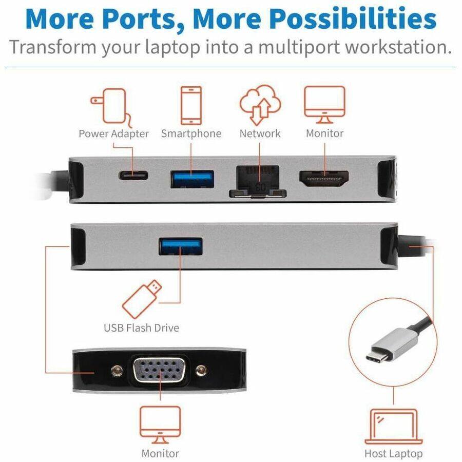 More Ports, More Possibilities  
Transform your laptop into a multiport workstation.

- Power Adapter
- Smartphone
- Network
- Monitor
- USB Flash Drive
- Monitor
- Host Laptop