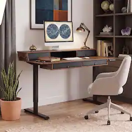 WELLFOR - 55" Electric Standing Desk with Drawers & Monitor Shelf, Height Adjustable Ergonomic Stand Up Desk with Hanging Hooks - Rustic Brown