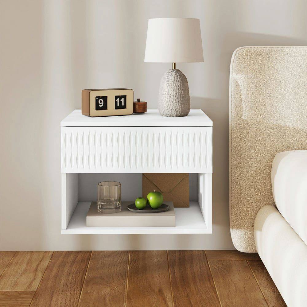 Front. Kadyn - Twist-Textured Double-Mounted Wall-Mounted Floating Nightstand with Drawer for Bedroom - White - White.
