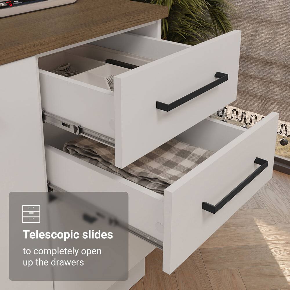 Telescopic slides to completely open up the drawers
