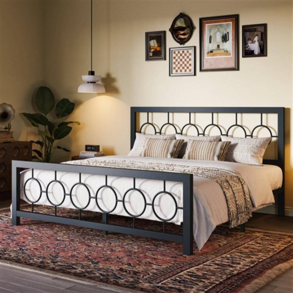 Left. Hivvago - King Black Metal Platform Bed Frame with Circle Medallion Headboard Footboard - Black.