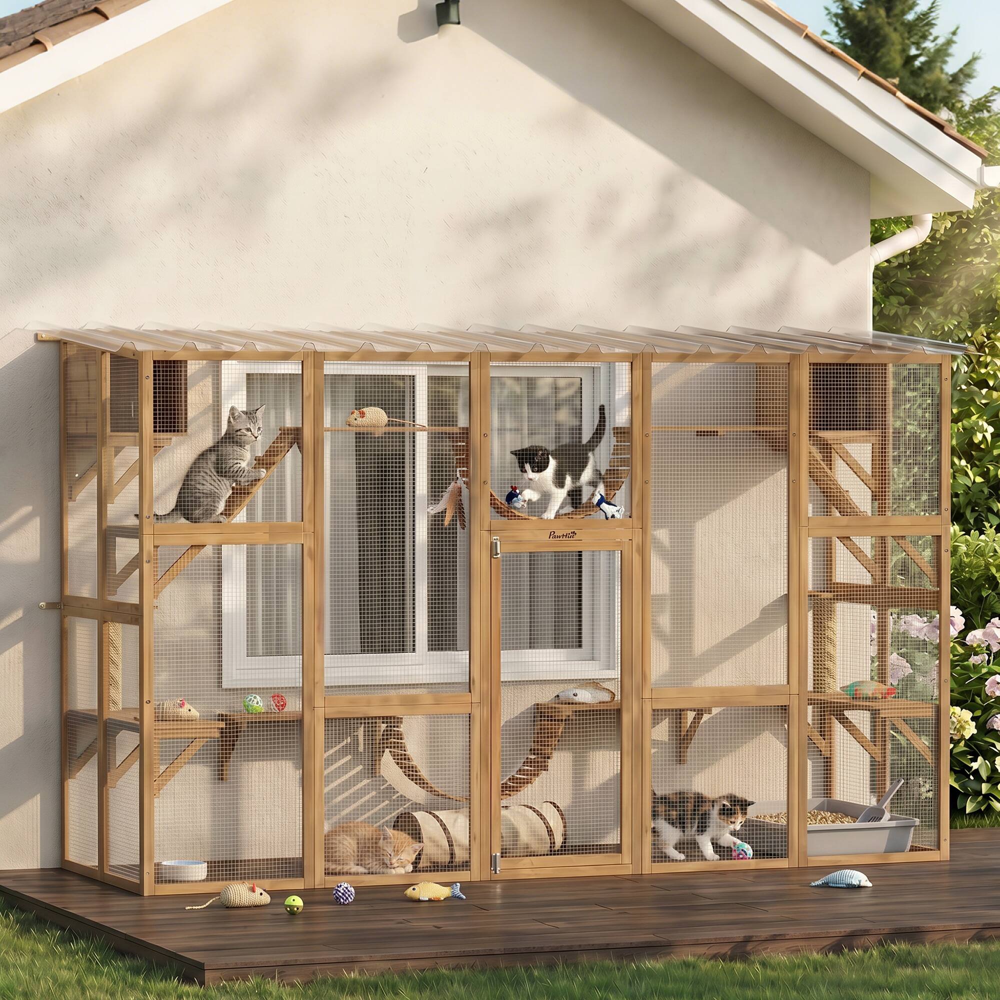 Alt View 1. Pawhut - Playground Cat Window Box Outside Enclosure for Multiple Cats w/ Shelves & Bridges - Yellow.