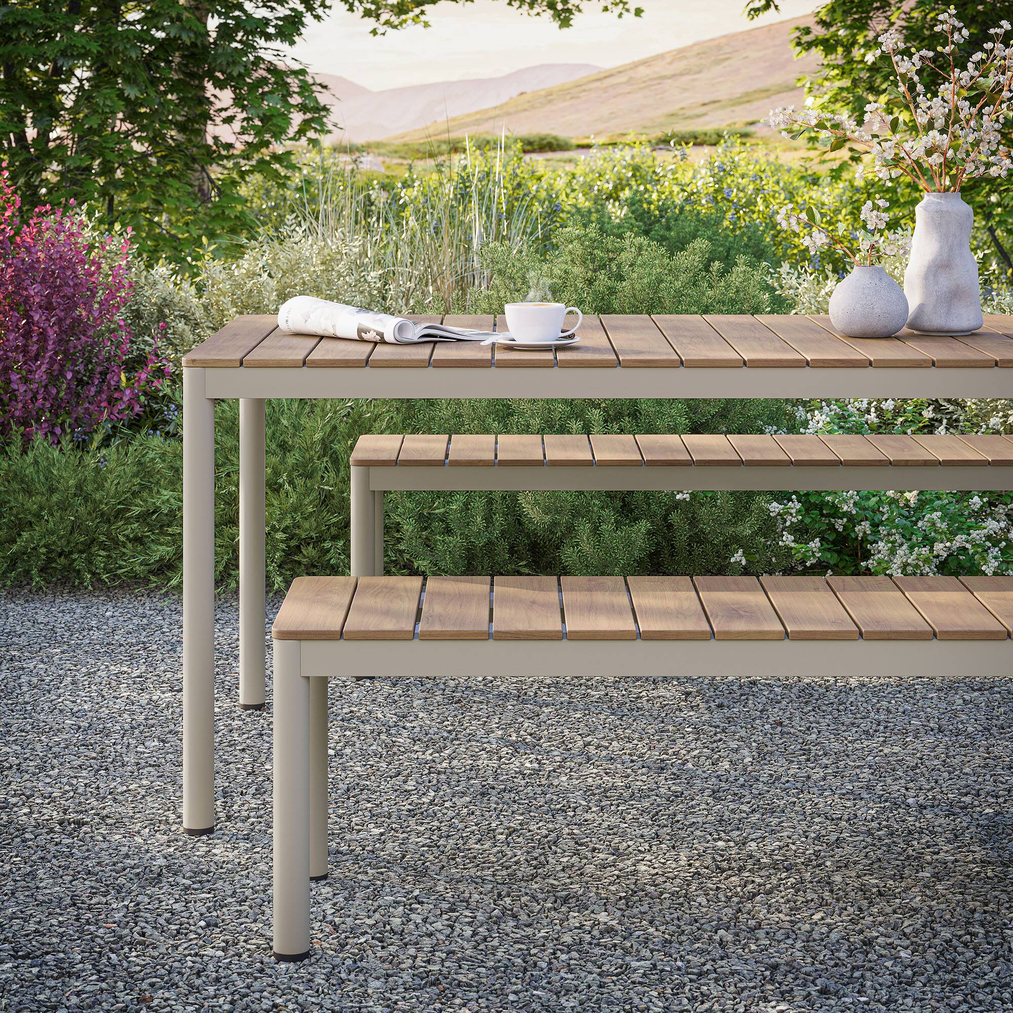 Alt View 2. Modway - Finn Outdoor Patio Aluminum Faux Wood Dining Set with Benches by Modway - Natural.