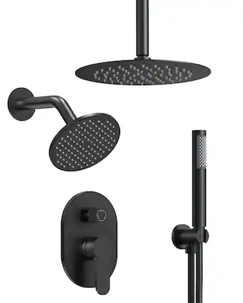 Front. GRANDJOY - Dual Shower Head System with 10" Rainfall Head, Handheld Sprayer and Adjustable Slide Bar - Matte Black.