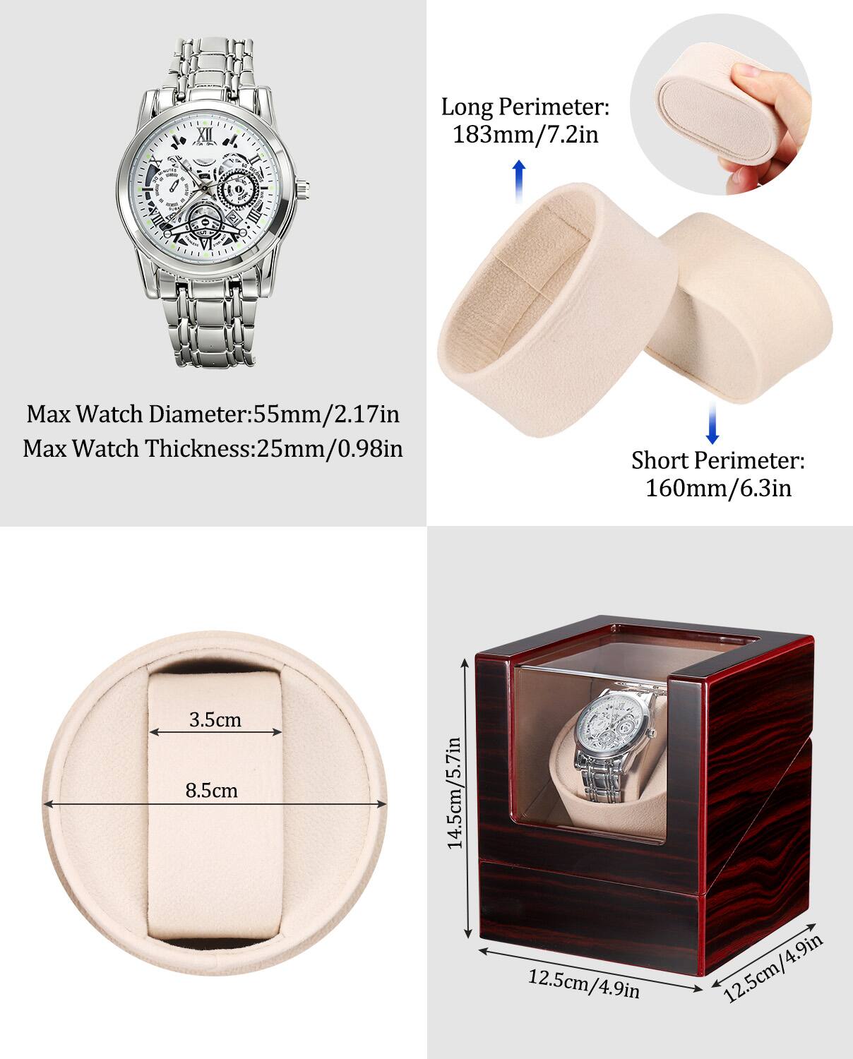 - Long Perimeter: 183mm/7.2in
- Max Watch Diameter: 55mm/2.17in
- Max Watch Thickness: 25mm/0.98in
- Short Perimeter: 160mm/6.3in
- 3.5cm
- 8.5cm
- 14.5cm/5.7in
- 12.5cm/4.9in
- 12.5cm/4.9in