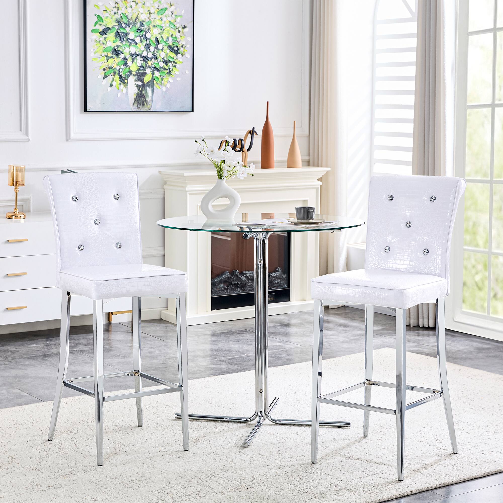 Left. Loheer - Set of 2 Crocodile Texture Bar Chairs 21.3x17x45 in - White.