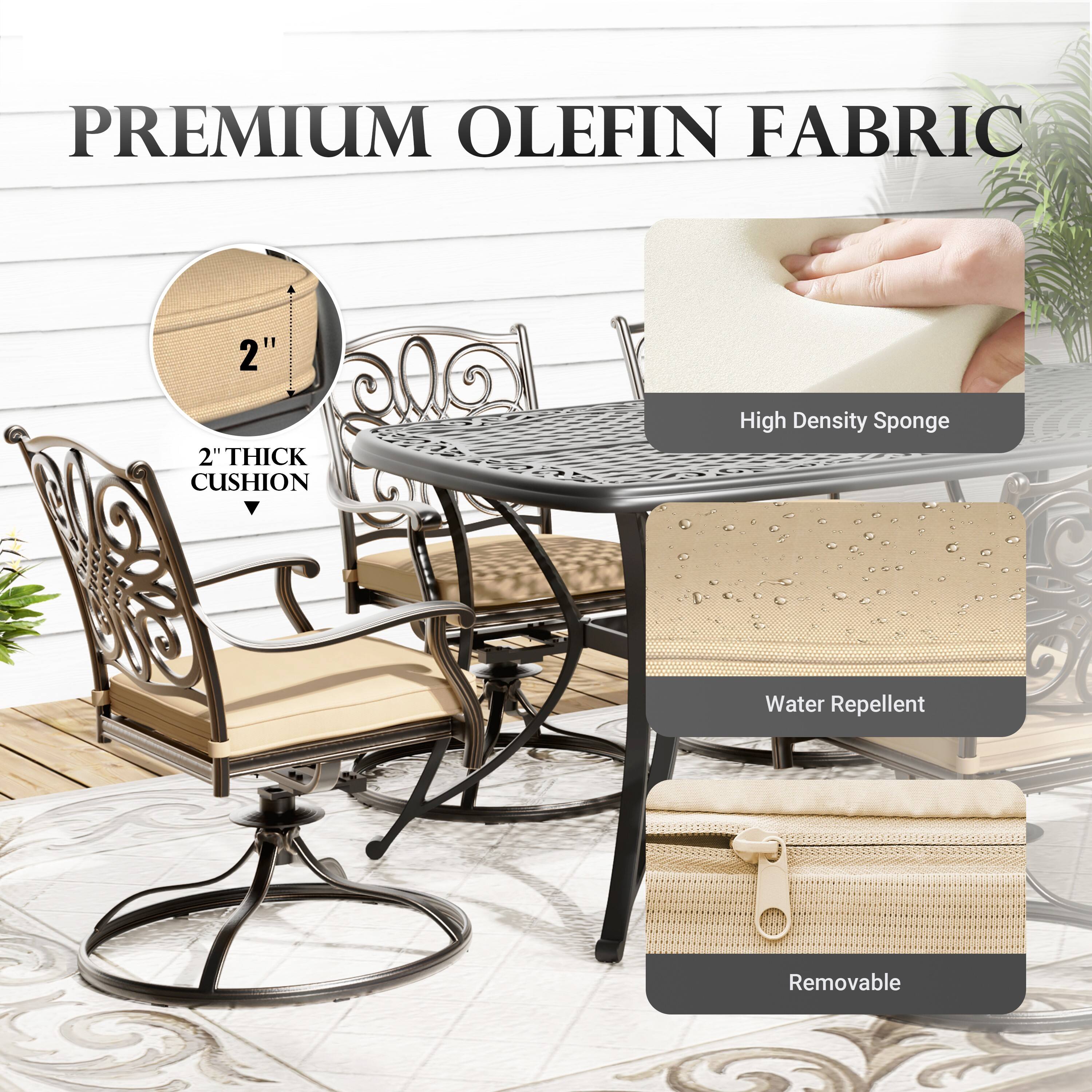 PREMIUM OLEFIN FABRIC  
2" THICK CUSHION  
High Density Sponge  
Water Repellent  
Removable
