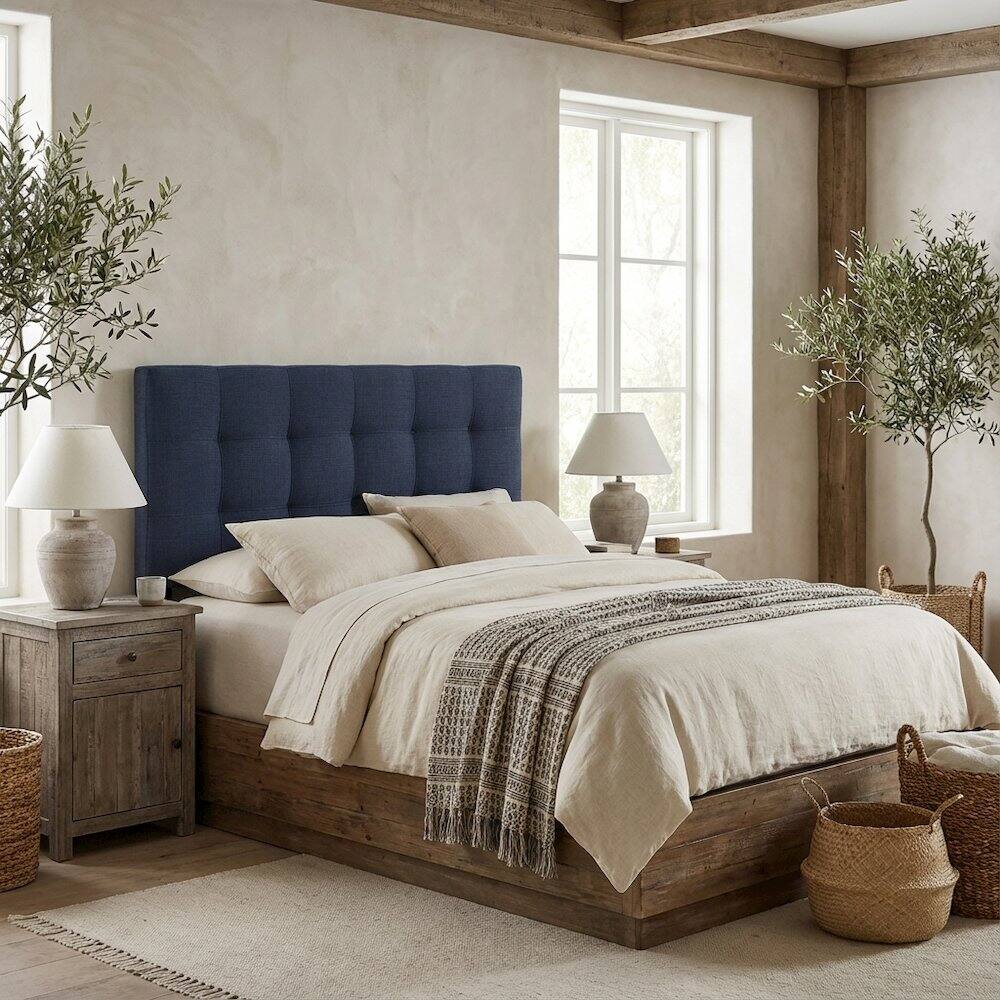 Angle. FurniFact - Upholstered Fabric Queen Headboard with Soft Padding and Sturdy Frame - Blue.