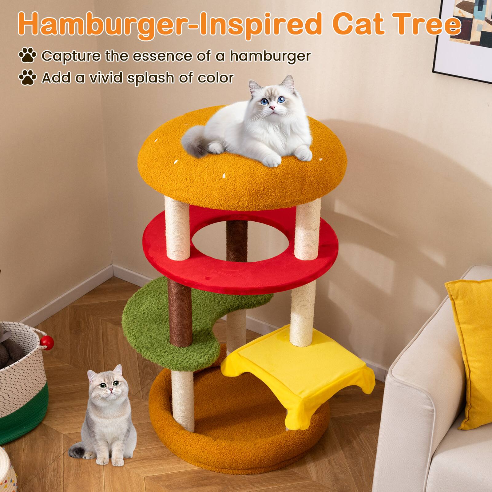 Hamburger-Inspired Cat Tree

- Capture the essence of a hamburger
- Add a vivid splash of color