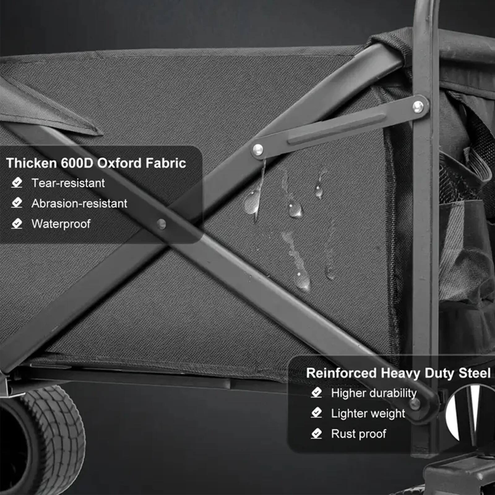 Thicken 600D Oxford Fabric  
- Tear-resistant  
- Abrasion-resistant  
- Waterproof  

Reinforced Heavy Duty Steel  
- Higher durability  
- Lighter weight  
- Rust proof