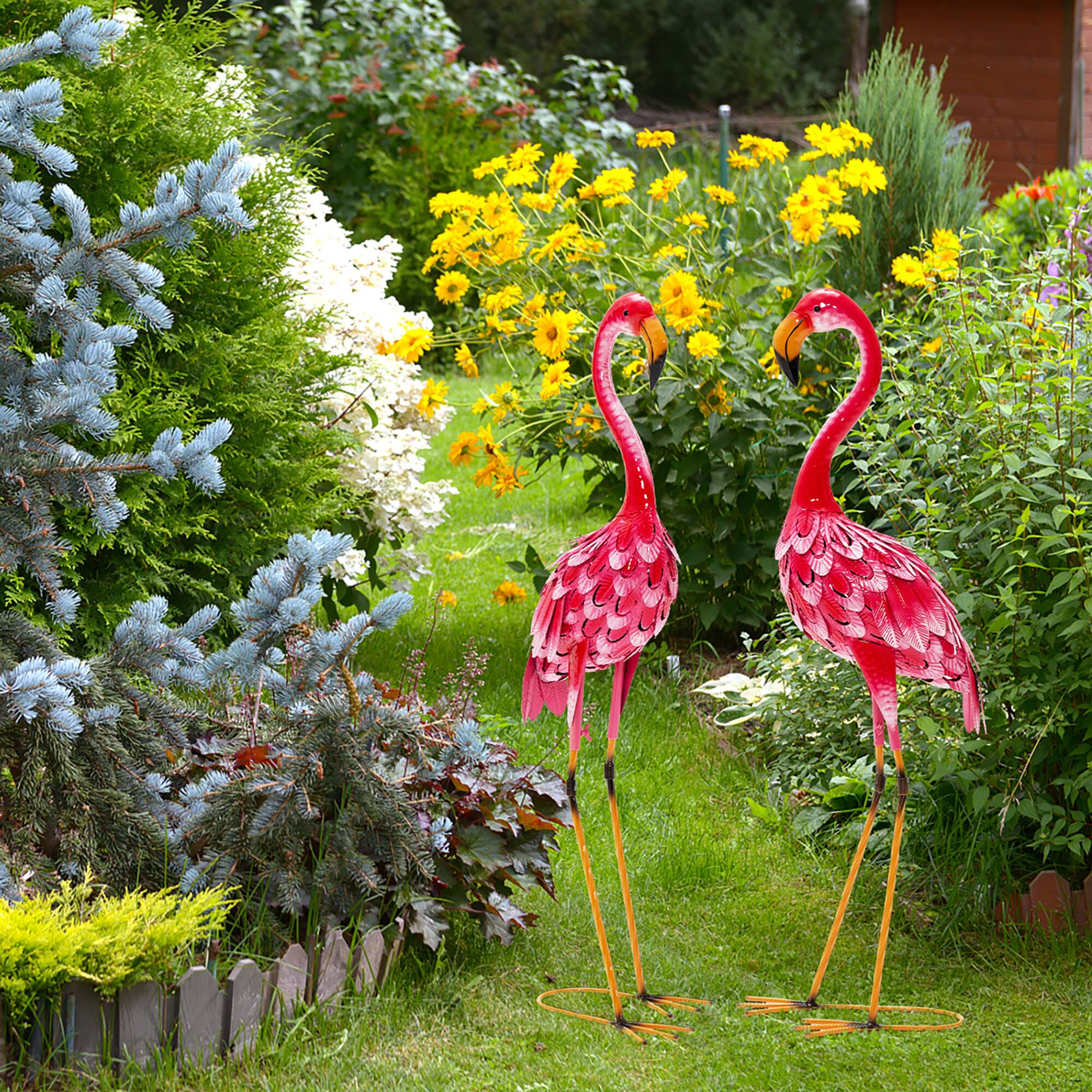Alt View 3. Costway - 2-Piece Metal Flamingo Garden Statue Sculpture Set Yard Lawn Decoration - Pink.