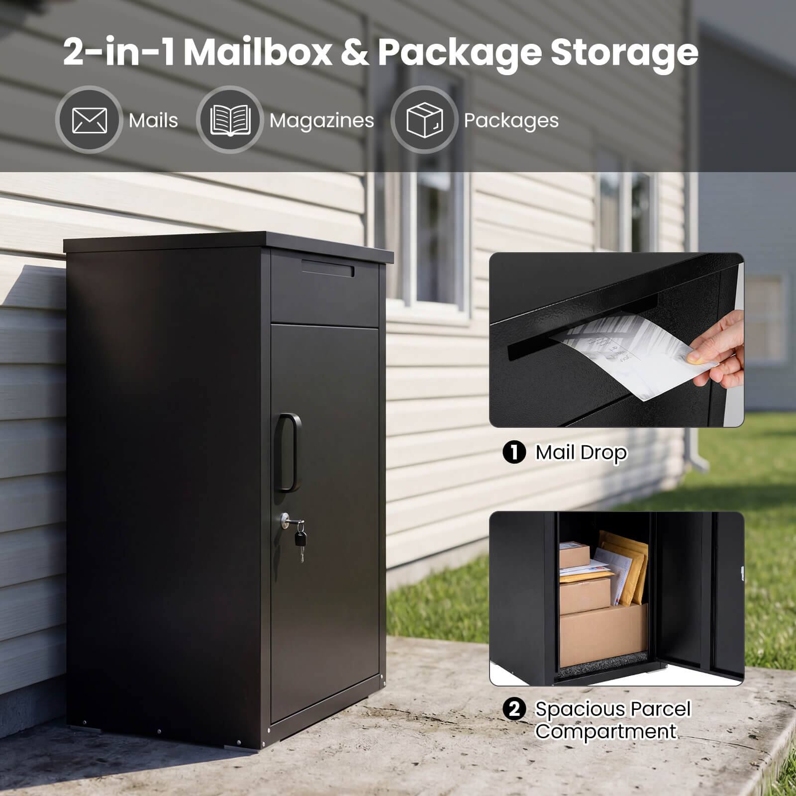 2-in-1 Mailbox & Package Storage

- Mails
- Magazines
- Packages

1. Mail Drop
2. Spacious Parcel Compartment