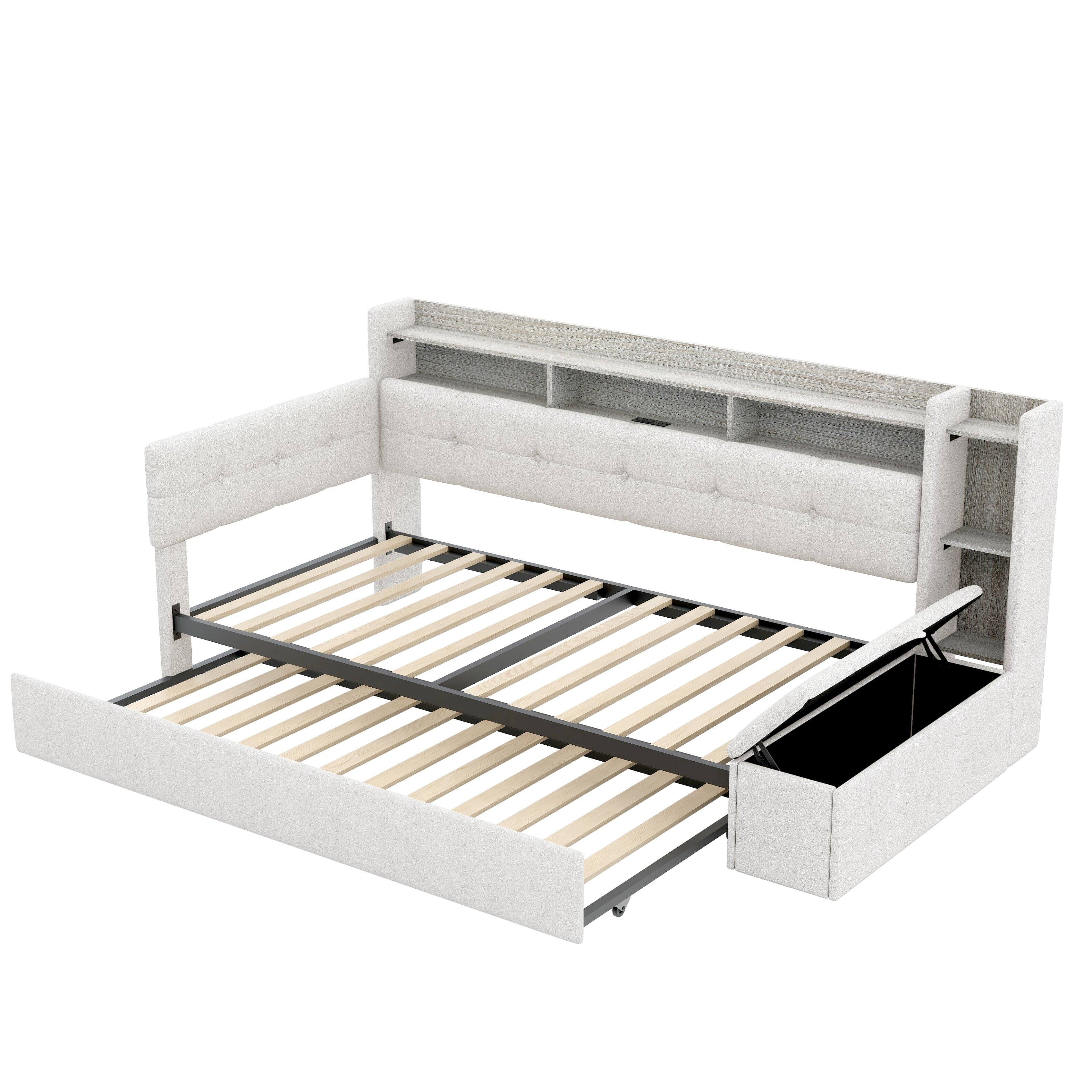 Alt View 2. Whisen - Twin Size Upholstered Daybed with Trundle, Storage Shelves, LED Light & USB Charging Station - Beige.
