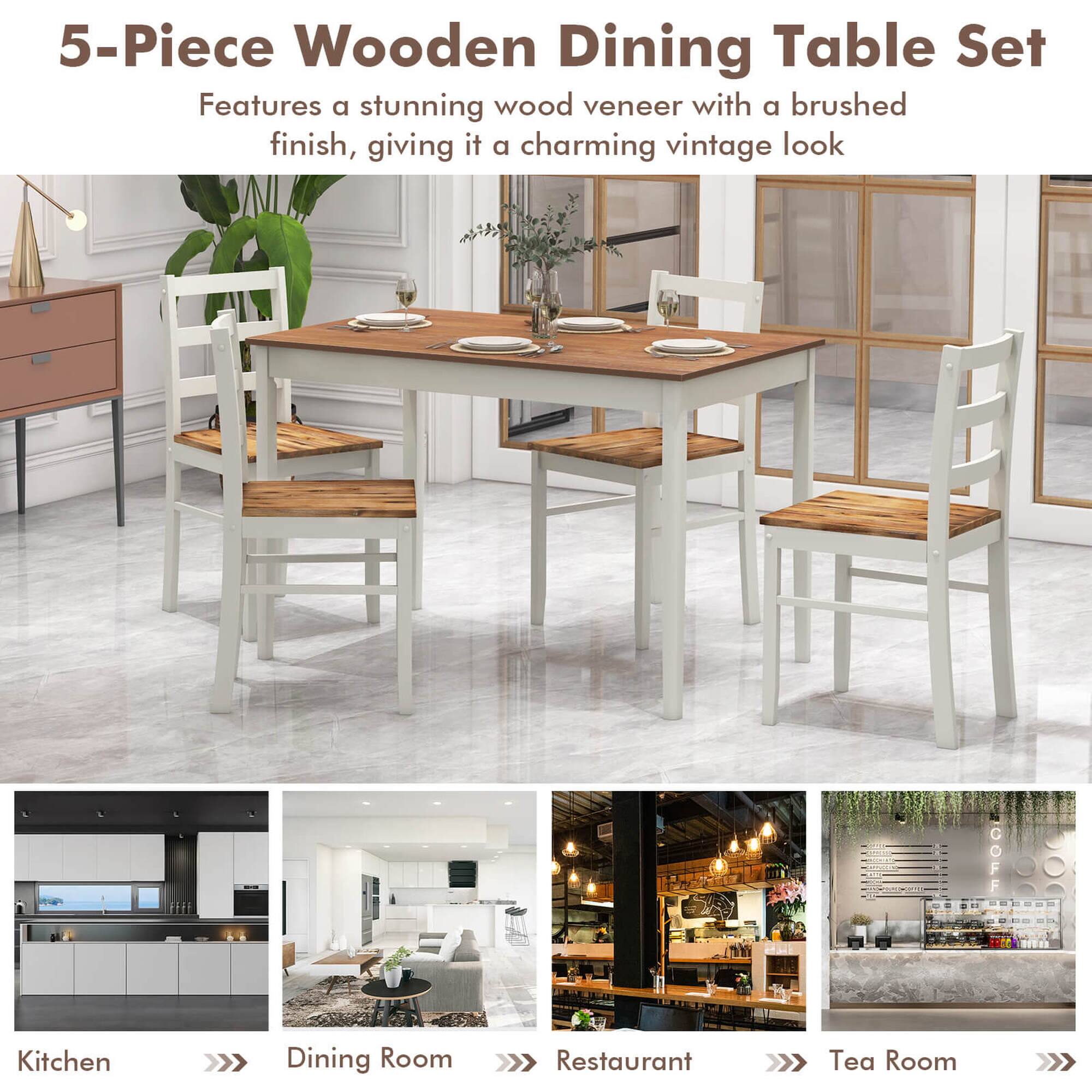 The image features a 5-piece wooden dining table set that includes a dining table and four chairs. The table and chairs have a stunning wood veneer with a brushed finish, giving them a charming vintage look. The dining table is set with plates, cups, and a vase, creating an inviting atmosphere for a meal. The scene also includes a potted plant and a TV, adding to the overall ambiance of the space. The image is divided into four sections, showcasing different aspects of the dining table set and its surroundings.