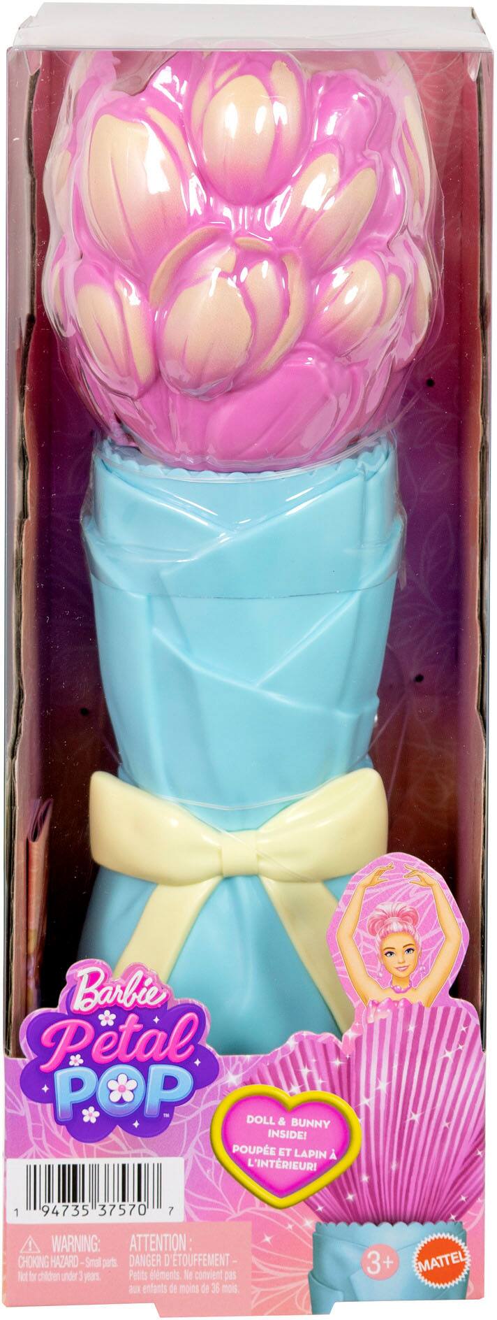 Barbie Petal POP Doll & Bunny Inside! Poupée et Lapin L'Intérieur!  
1 94735 37570 7  
WARNING: ATTENTION: CHOKING HAZARD - Small parts. Danger d'étouffement - Petits éléments. Not for children under 3 years. Ne convient pas aux enfants de moins de 36 mois.  
3+  
MATTEL