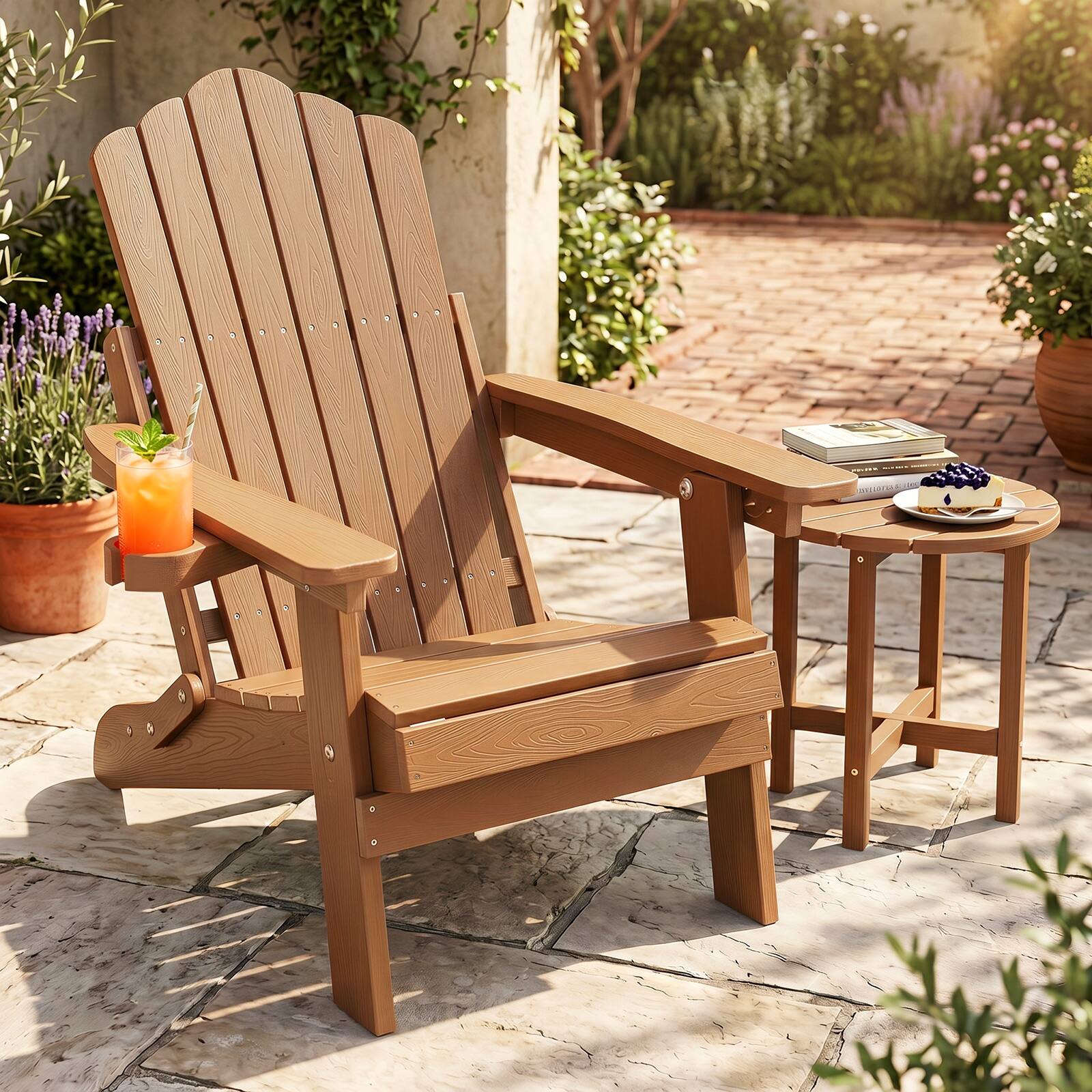 Alt View 1. Gymax - Gymax Folding Adirondack Chair w/5-Level Backrest Wooden Textured for Lawn Poolside Coffee - Brown.