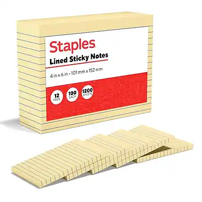Staples
Lined Sticky Notes
4 in x 6 in - 101 mm x 152 mm
12 Pads
100 Sheets Each
1200 Sheets Total