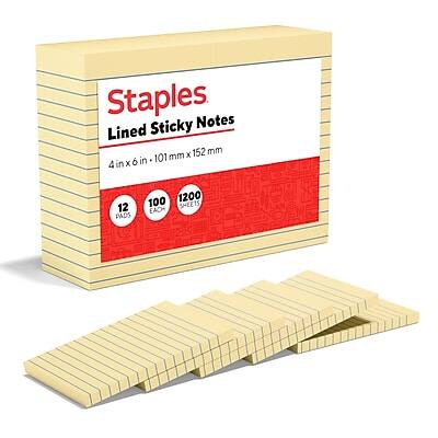 Staples  
Lined Sticky Notes  
4 in x 6 in - 101 mm x 152 mm  
12 Pads  
100 Sheets Each  
1200 Sheets Total