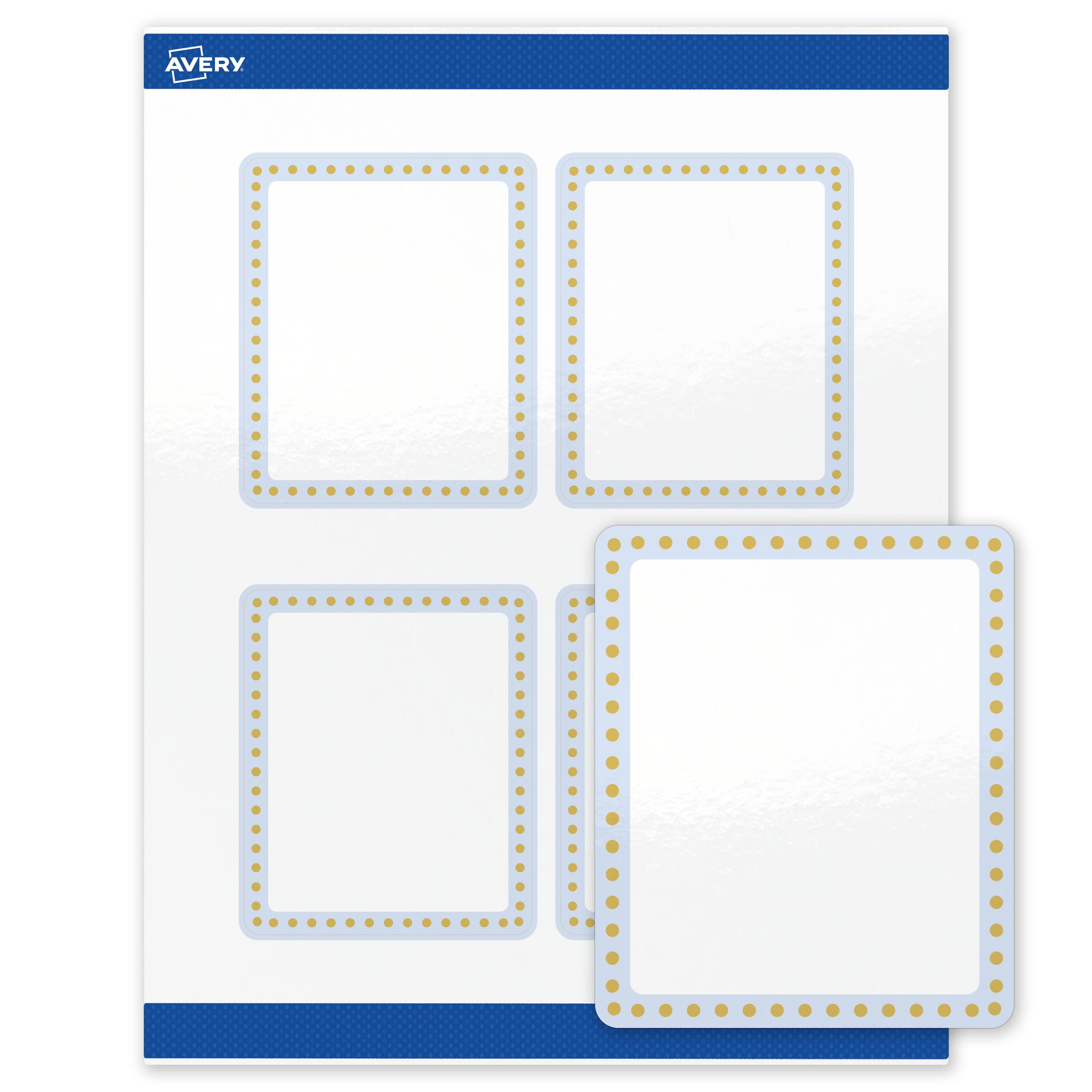 Front. Avery - Avery Labels, 4" x 3-1/3", Glossy White, Blue Border/Gold Dots - White.