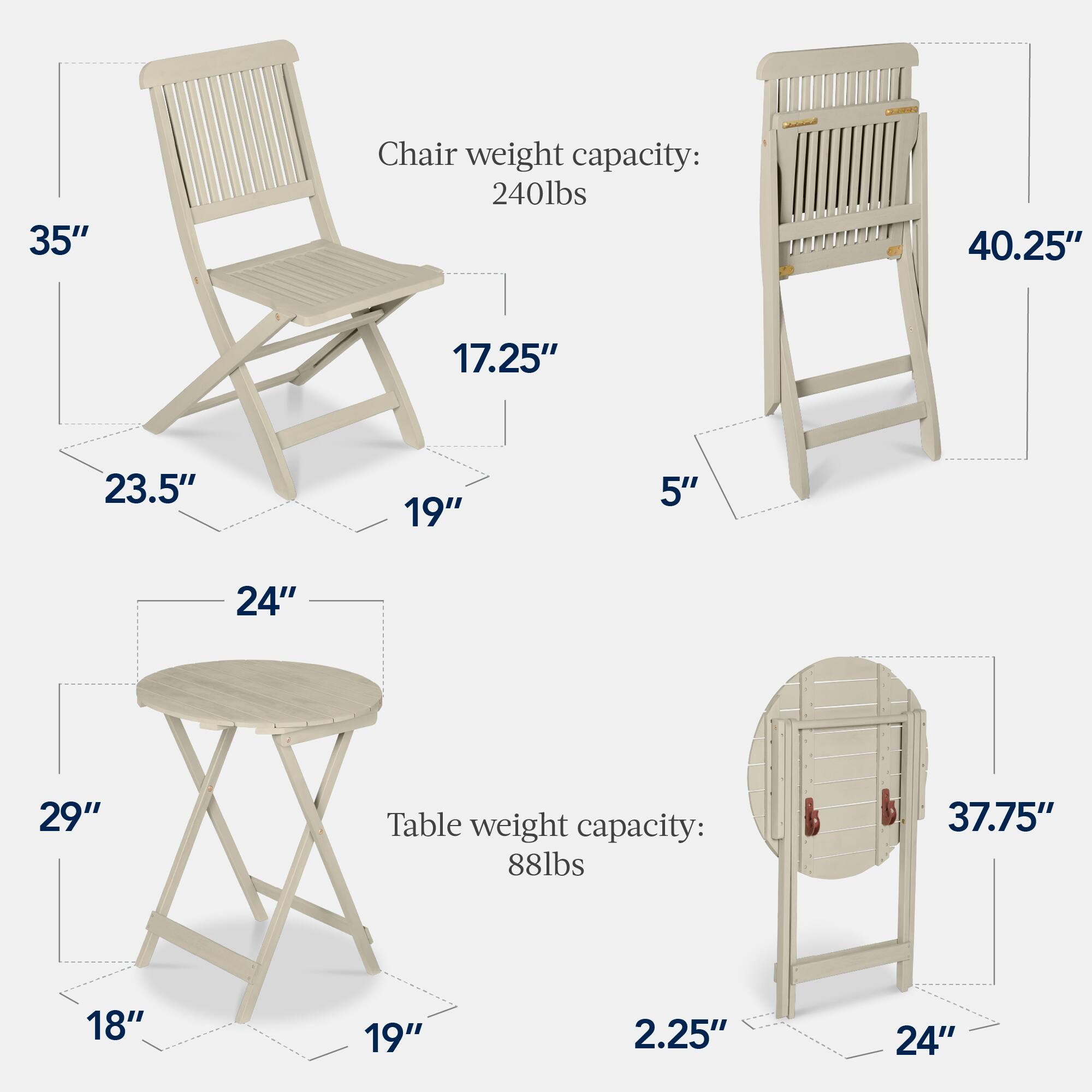 Chair weight capacity: 240lbs  
35"  
17.25"  
23.5"  
19"  
5"  
40.25"  

Table weight capacity: 88lbs  
29"  
18"  
19"  
2.25"  
24"  
37.75"