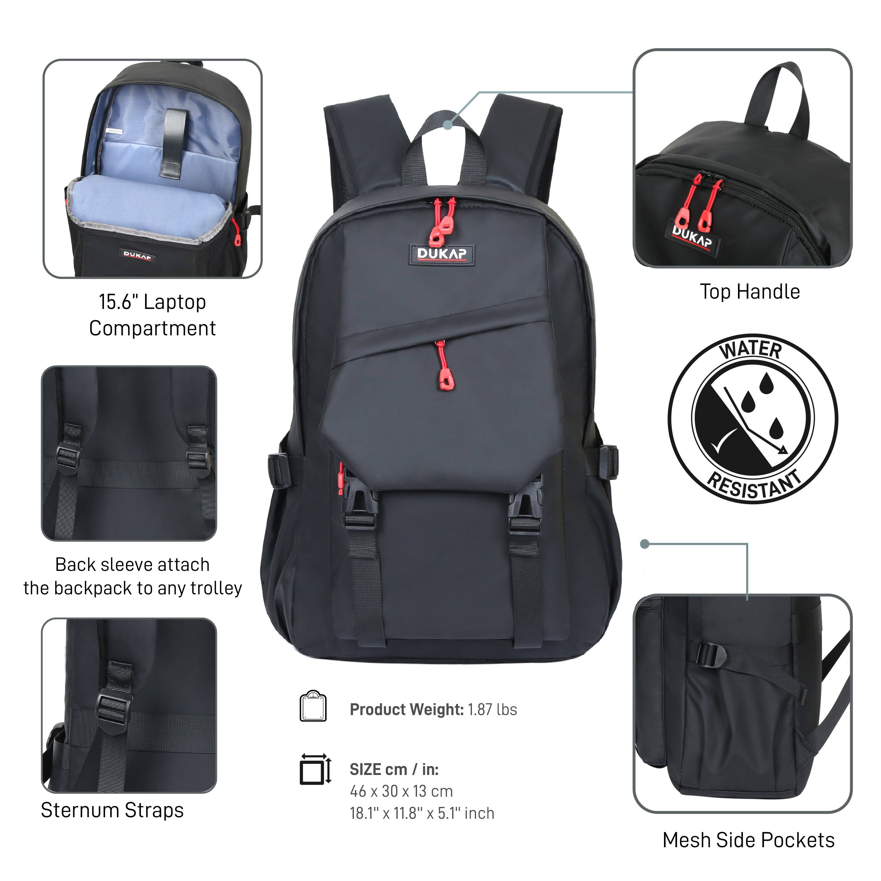 - **15.6" Laptop Compartment**
- **Top Handle**
- **Back sleeve attach the backpack to any trolley**
- **Sternum Straps**
- **Mesh Side Pockets**
- **WATER RESISTANT**
- **Product Weight: 1.87 lbs**
- **SIZE cm / in: 46 x 30 x 13 cm / 18.1" x 11.8" x 5.1"**