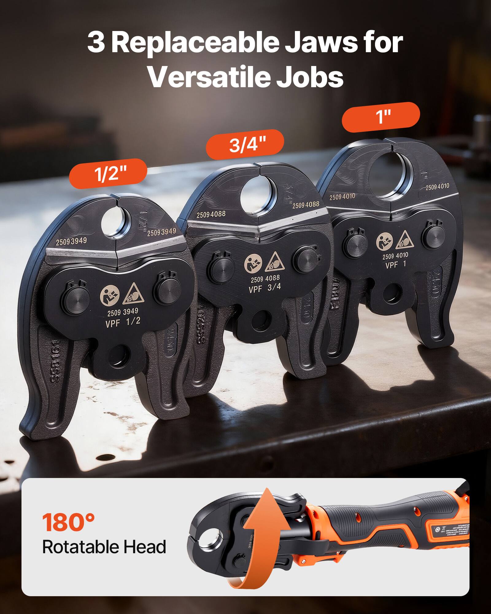 3 Replaceable Jaws for Versatile Jobs

1/2" 2509 4088 2509 4088 2509 4010 1" 2509 4010 2509 3949 2509 3949 2509 4088 VPF 3/4 2509 4010 VPF 1 S5a16 2509 3949 VPF 1/2 180° Rotatable Head