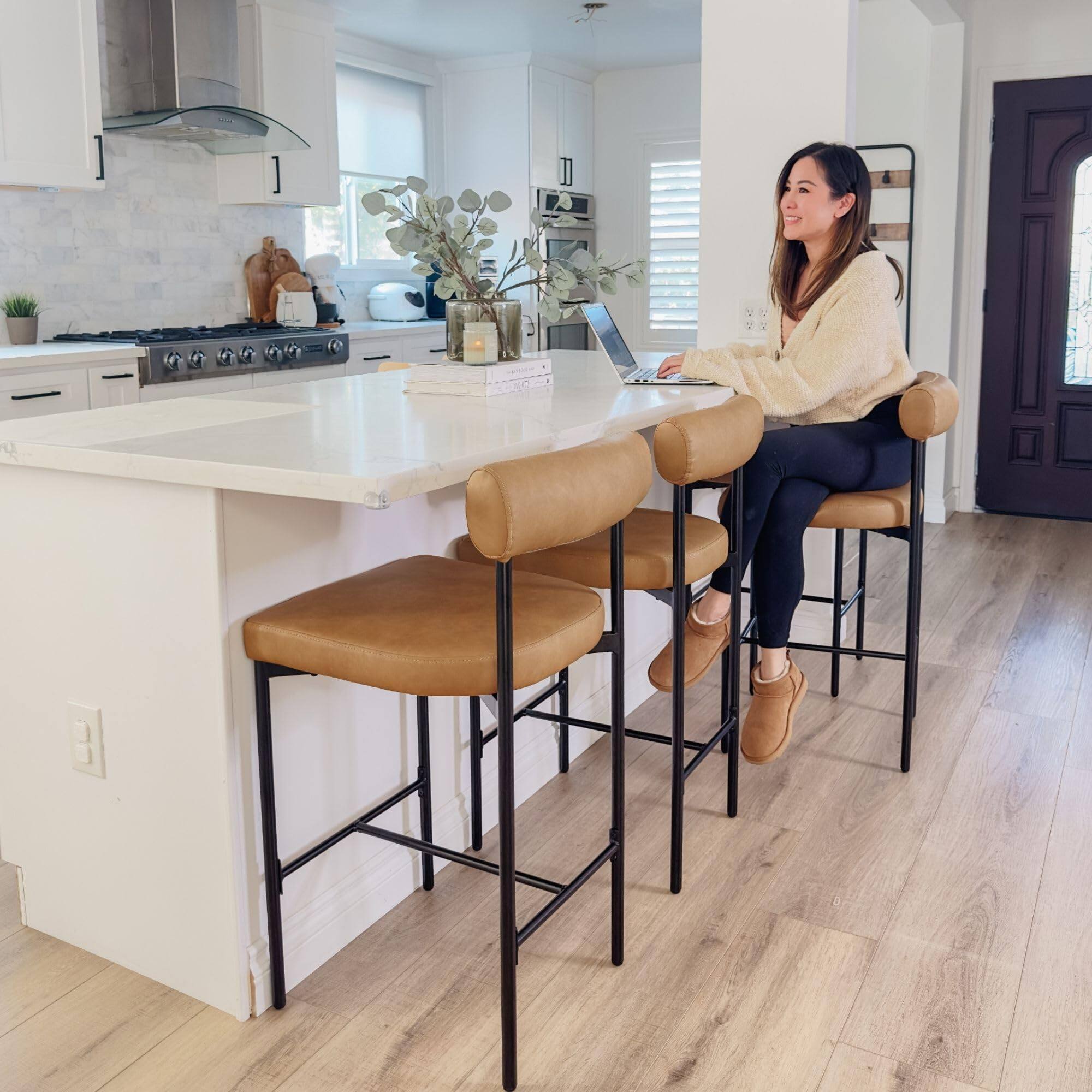 Alt View 5. JETRANSPORT - Dahlia Counter Height Chair Modern Barstool With Mid-century Metal And Leather Padded Cushion For - Feather Gray-matte Black 1.