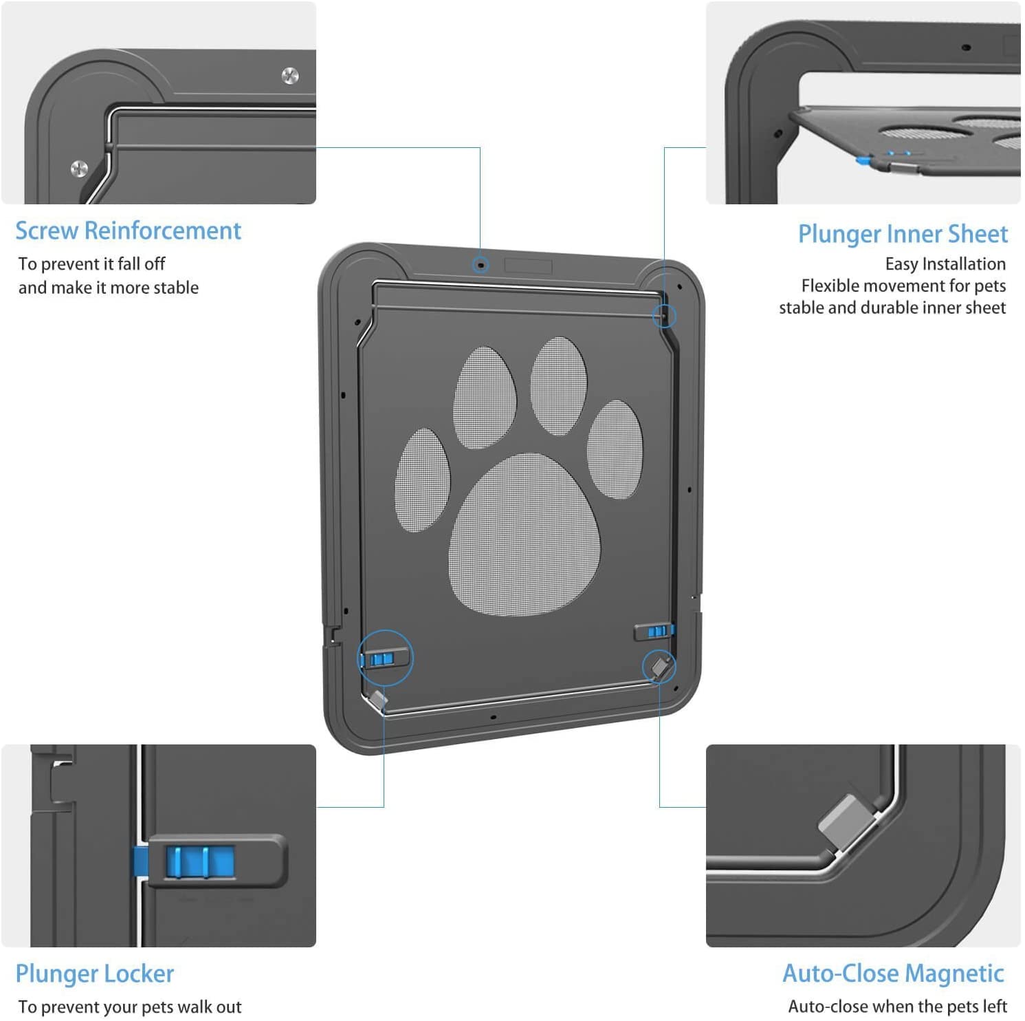 - Screw Reinforcement  
  To prevent it fall off and make it more stable

- Plunger Inner Sheet  
  Easy Installation  
  Flexible movement for pets  
  stable and durable inner sheet

- Plunger Locker  
  To prevent your pets walk out

- Auto-Close Magnetic  
  Auto-close when the pets left